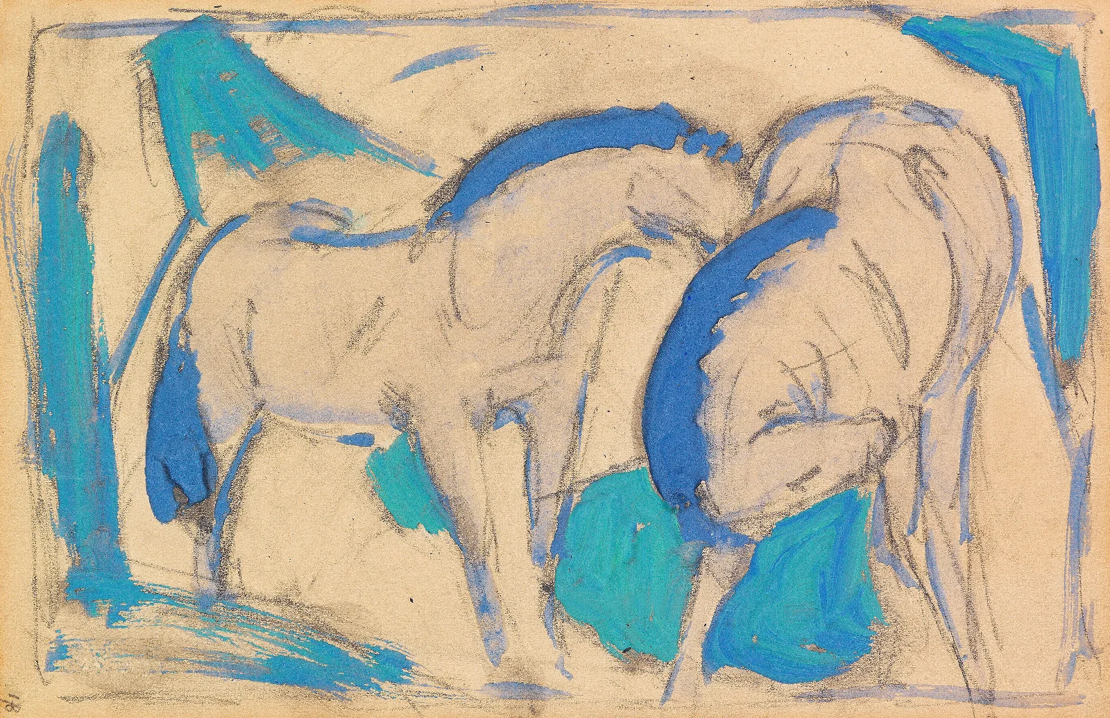Zwei Pferde Blaugrun Wall Art by Franz Marc - Canvas Print