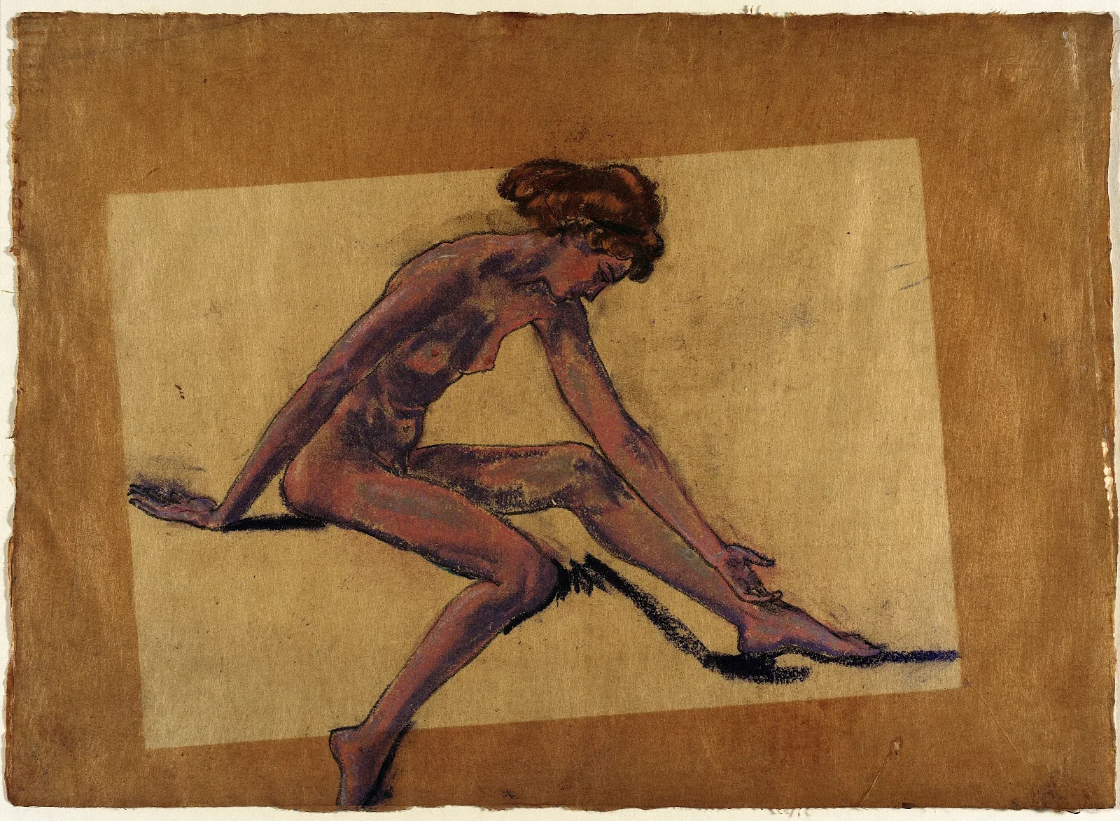 Seated Female Nude In Profile Bending Forward Wall Art by Arthur Bowen Davies - Canvas Print