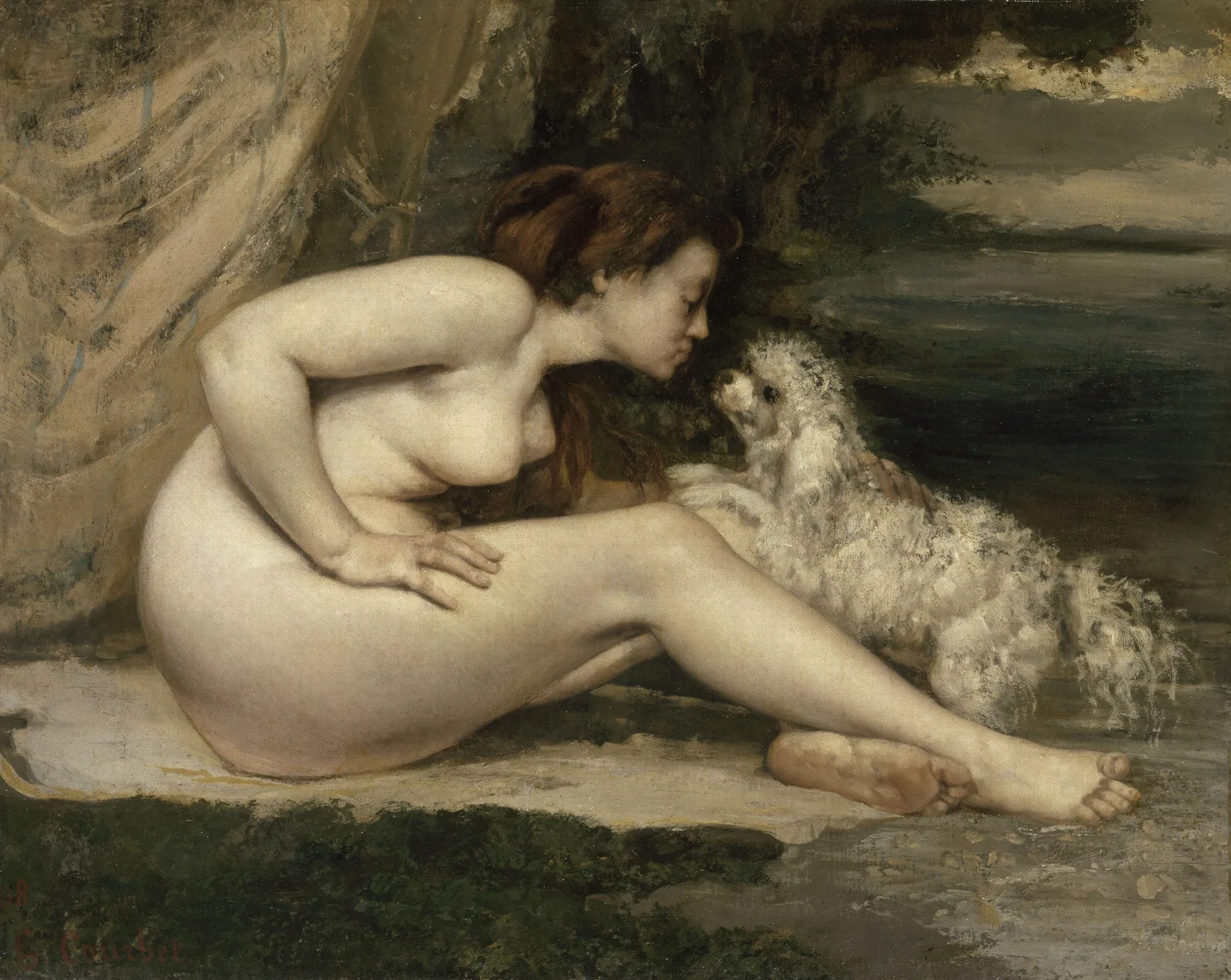 Nude Woman With A Dog Wall Art by Gustave Courbet - Canvas Print