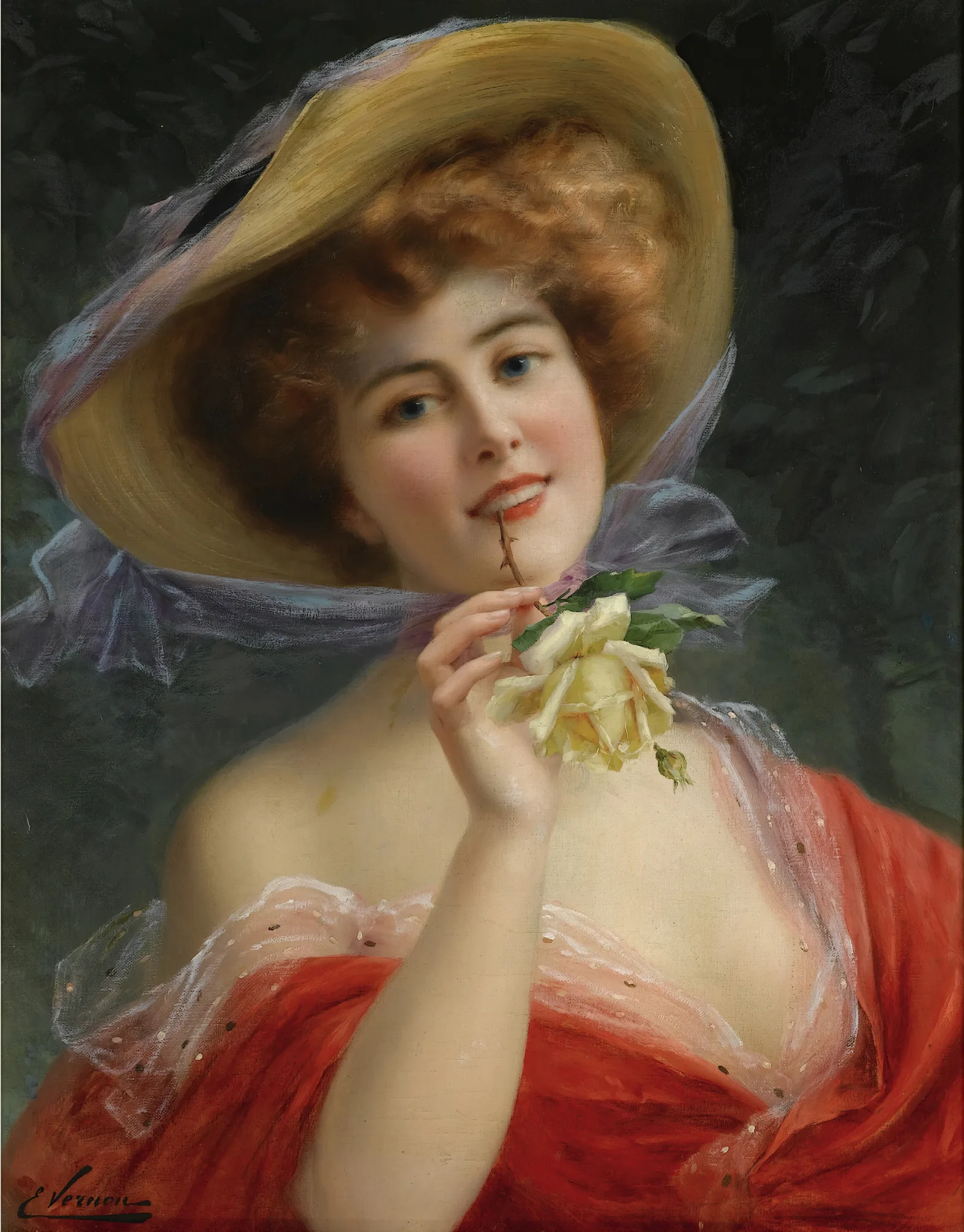 Fille A La Rose Jaune Wall Art by Emile Vernon - Canvas Print