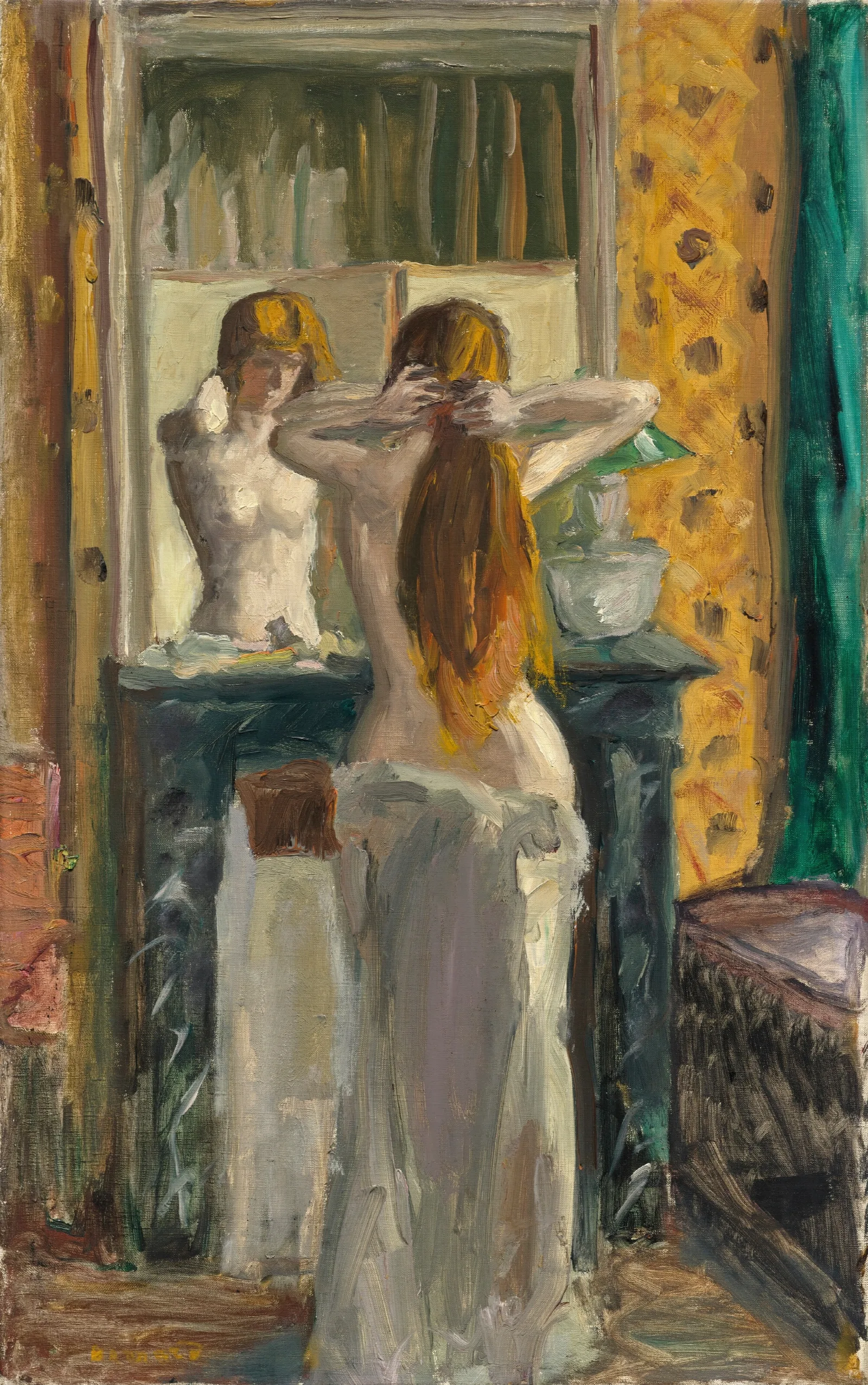 Femme A Demi Nue Ou Nu Se Coiffant Devant La Glace Wall Art by Pierre Bonnard - Canvas Print