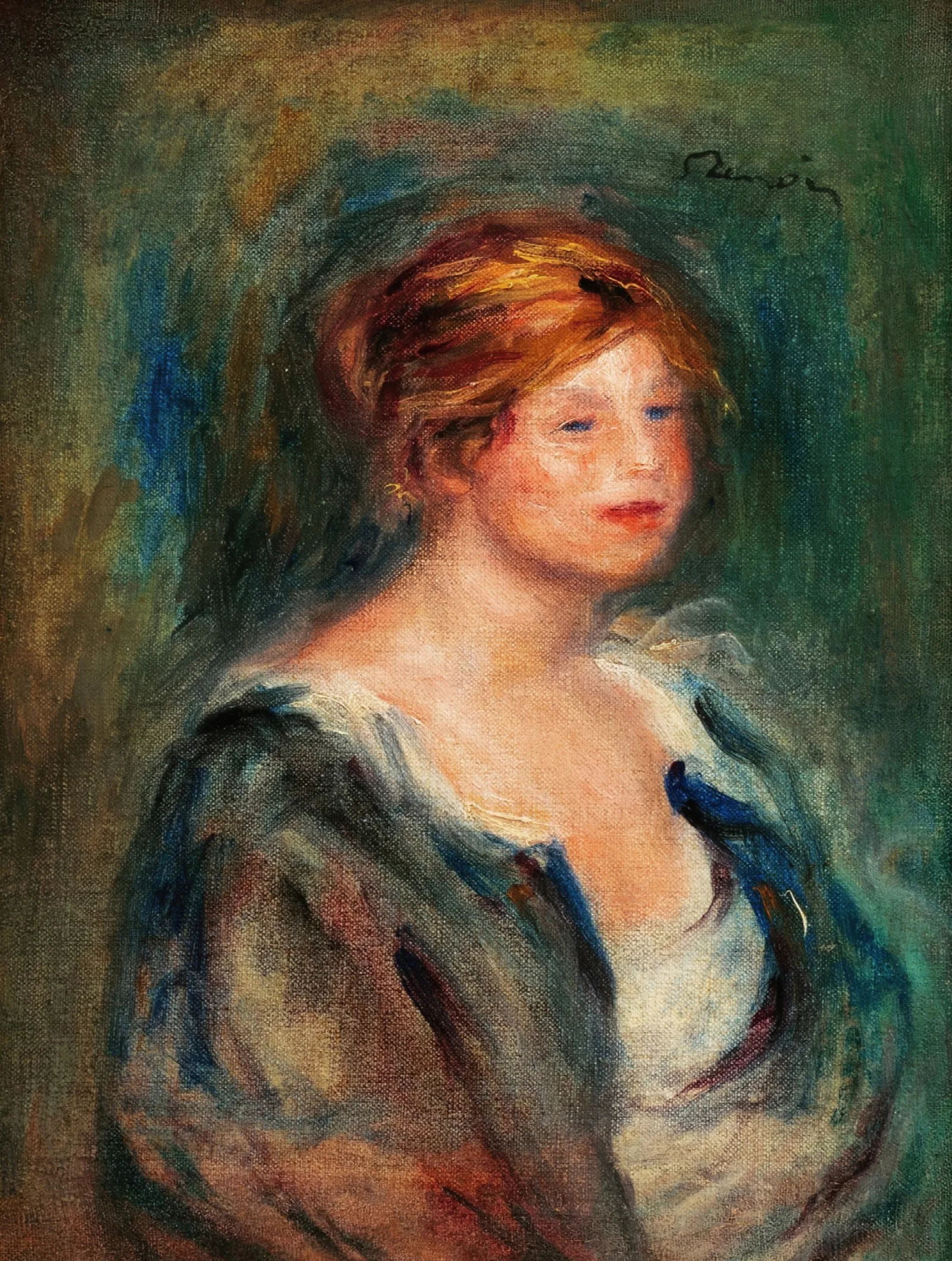 Jeune Fille En Bleu Tete De Femme Blonde Wall Art by Pierre-Auguste Renoir - Canvas Print