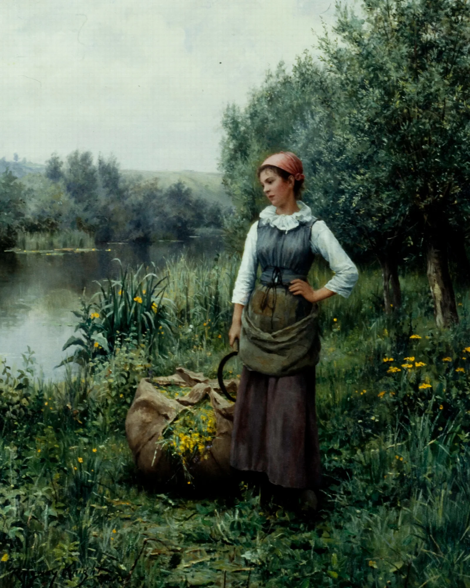 Girl By A Stream Flanders Wall Art by Daniel Ridgway Knight - Canvas Print