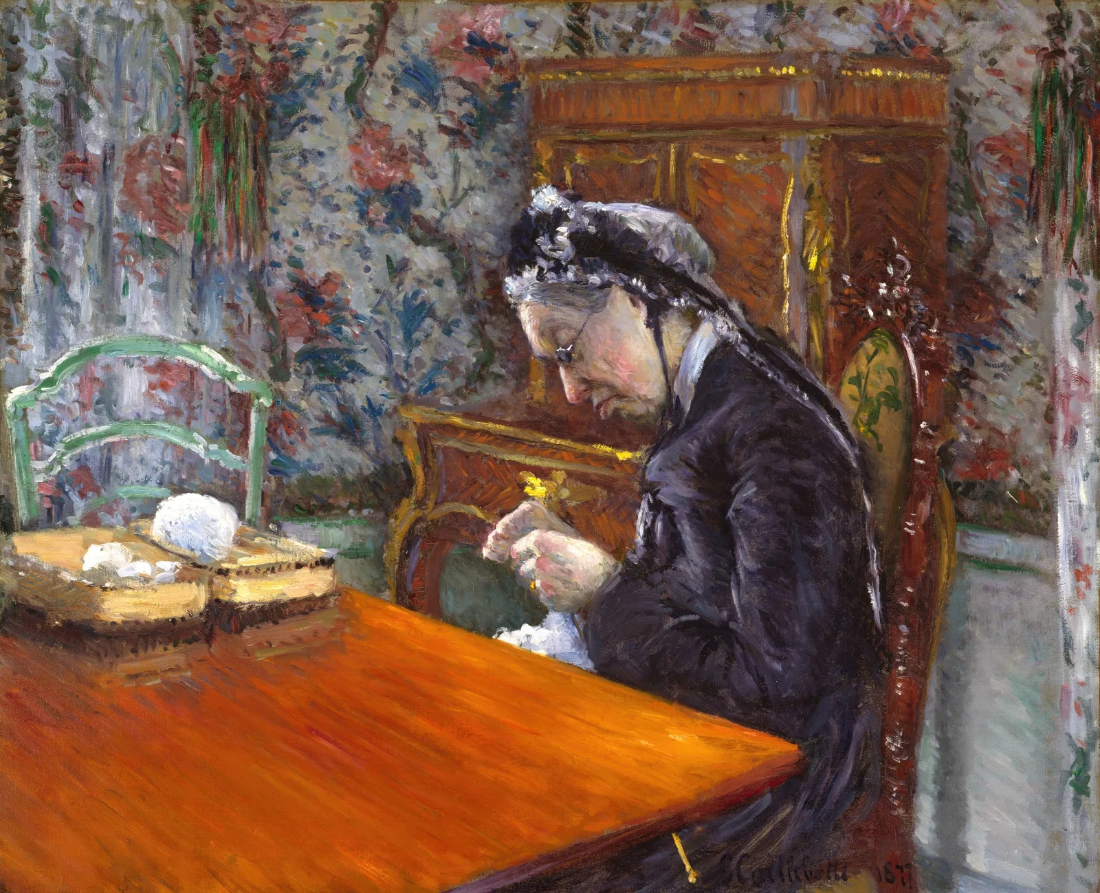 Mademoiselle Boissiere Knitting Wall Art by Gustave Caillebotte - Canvas Print