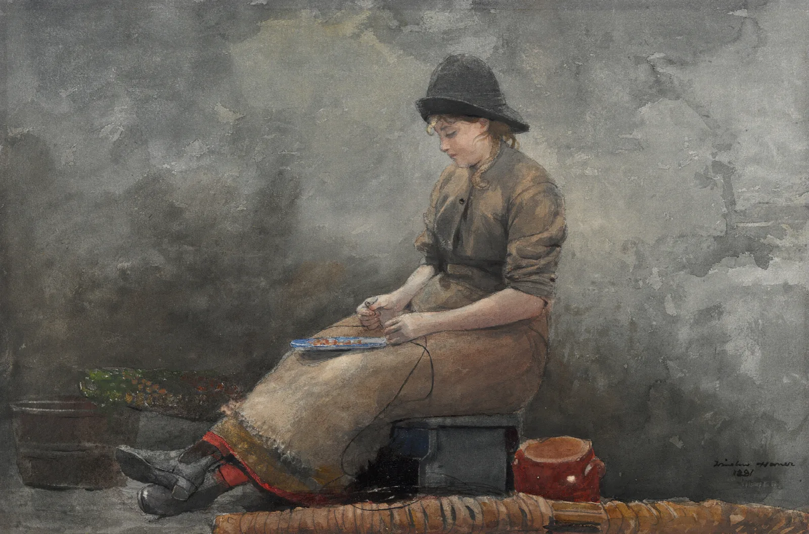 A Fishergirl Baiting Lines Wall Art by Winslow Homer - Canvas Print