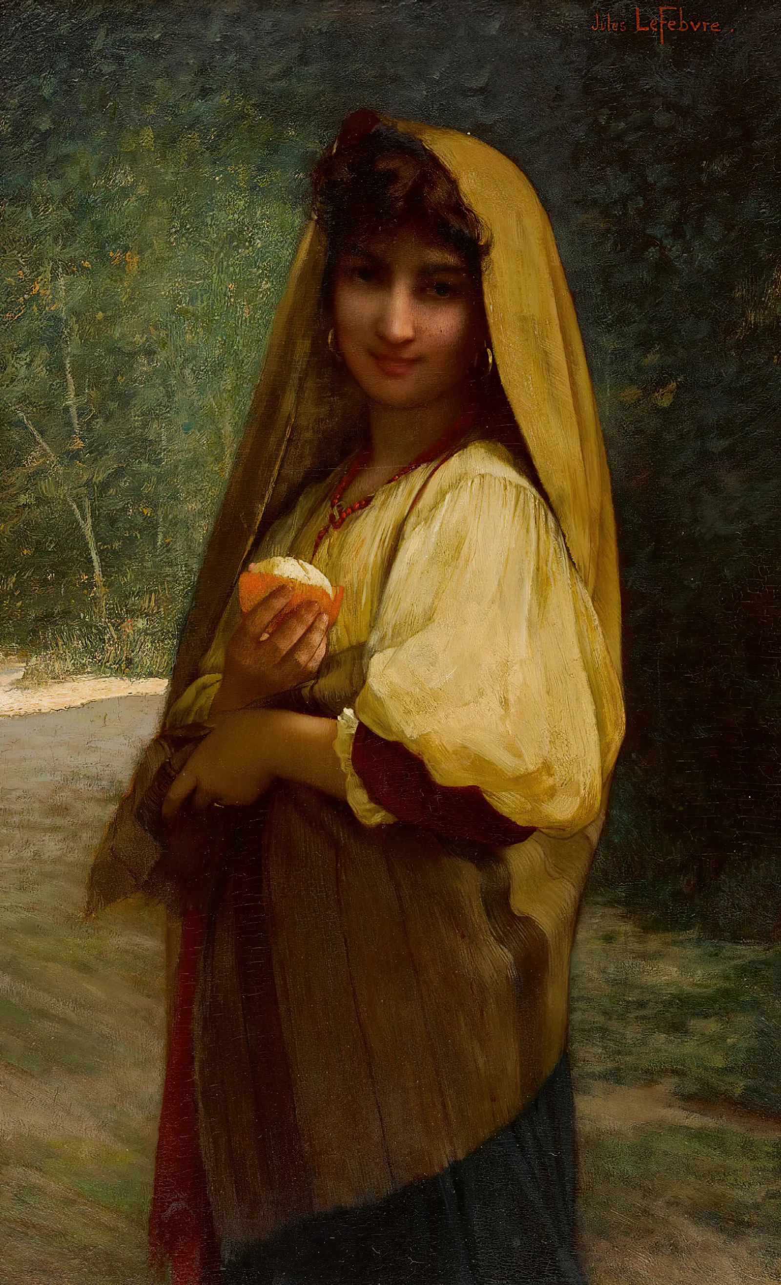 An Italian Girl With An Orange Wall Art by Jules Joseph Lefebvre - Canvas Print