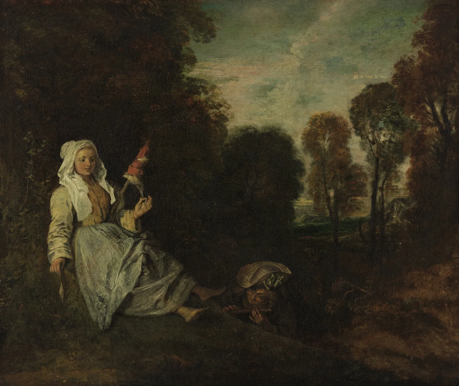 Evening Landscape With Spinner Wall Art by Jean-Antoine Watteau - Canvas Print