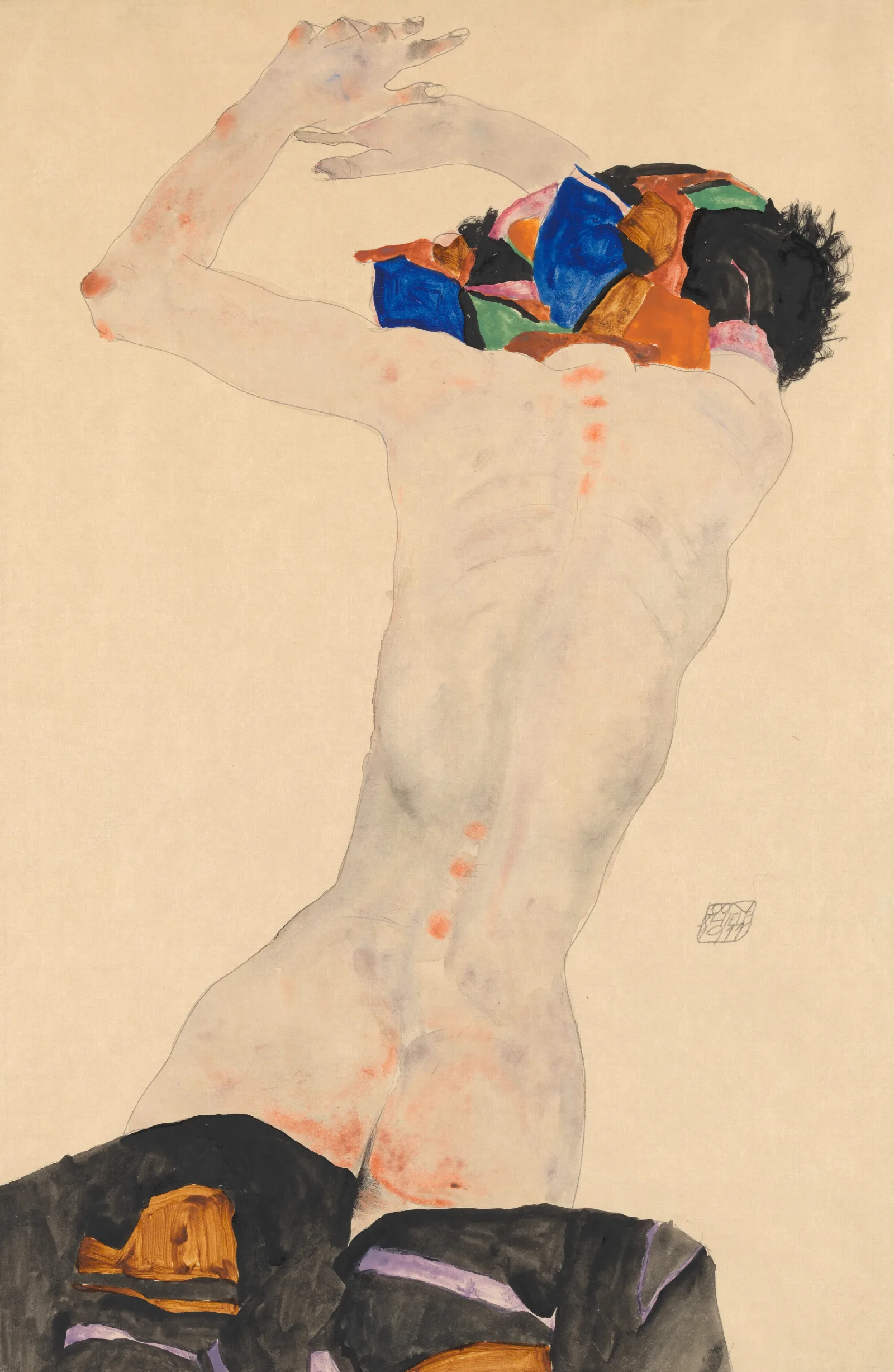 Ruckenakt Mit Buntem Tuch Wall Art by Egon Schiele - Canvas Print