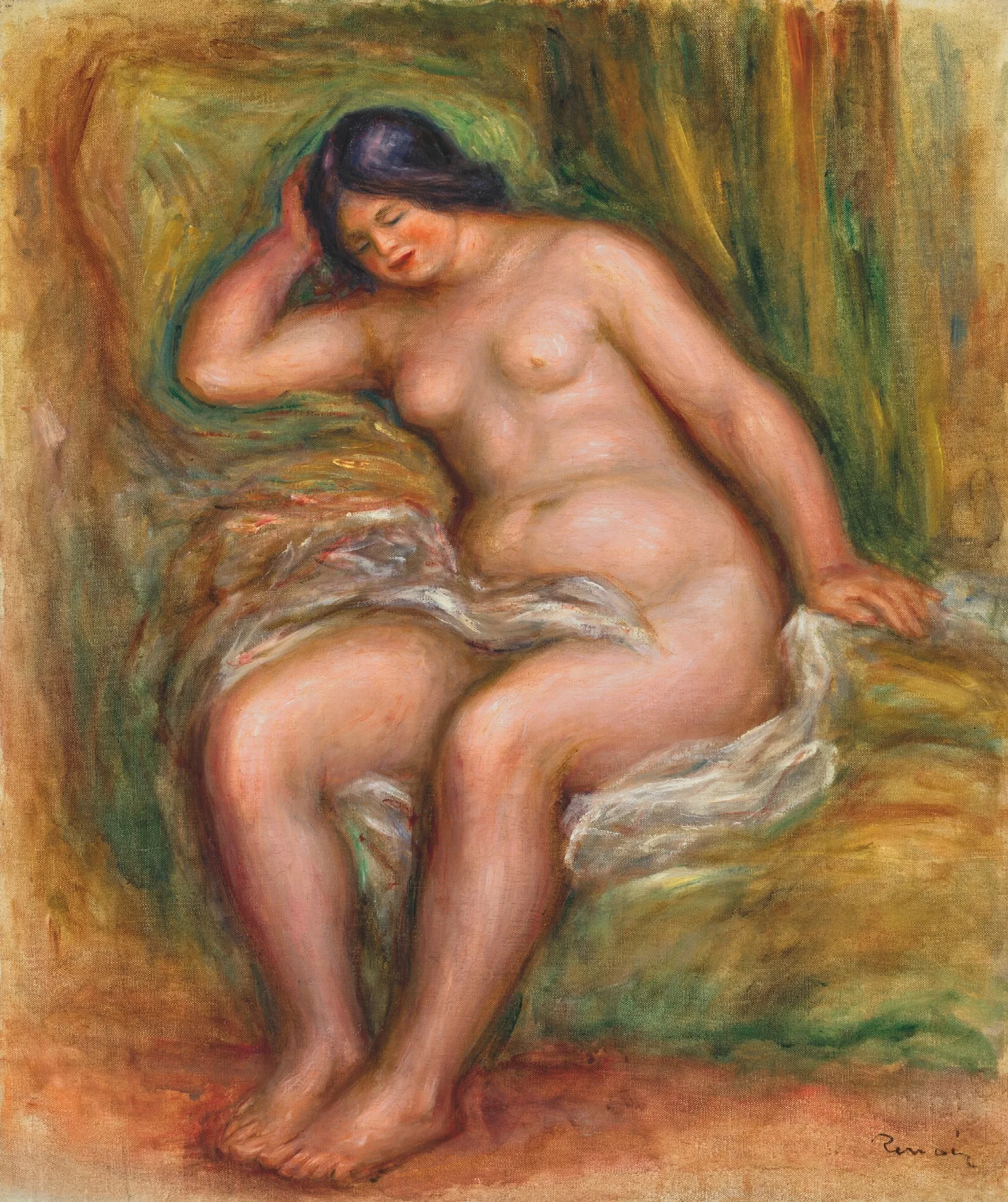 Femme Nue Assise Appuyee Sur Un Coussin Vert Nu Assis Wall Art by Pierre-Auguste Renoir - Canvas Print
