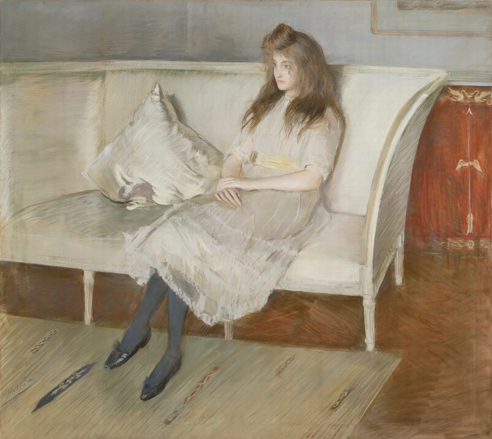 Jeune Fille Assise Sur Un Canape Dit Symphonie En Blanc Mademoiselle Paulmier Wall Art by Paul César Helleu - Canvas Print