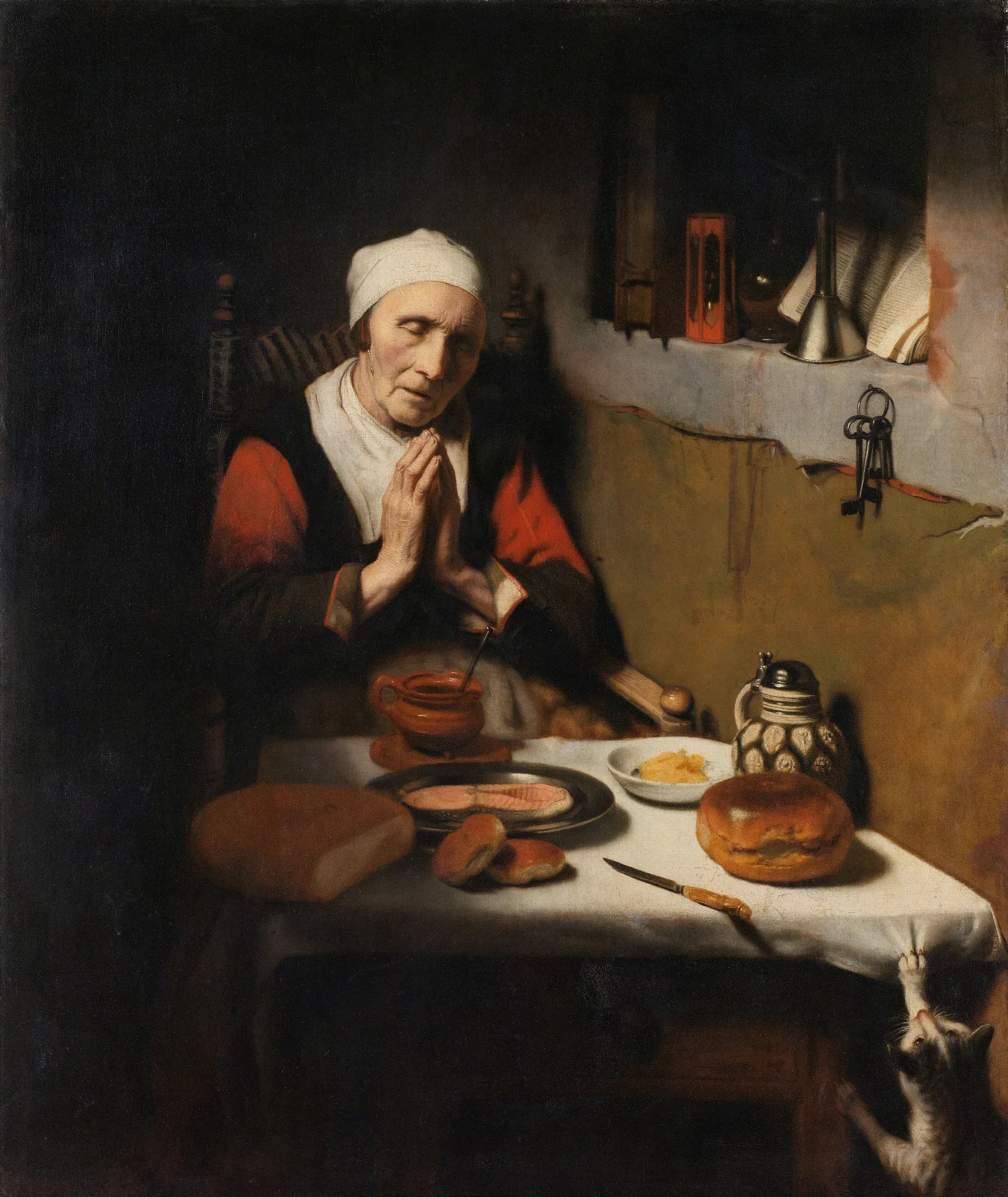 Old Woman Saying Grace Known As The Prayer Without End Wall Art by Nicolaes Maes - Canvas Print