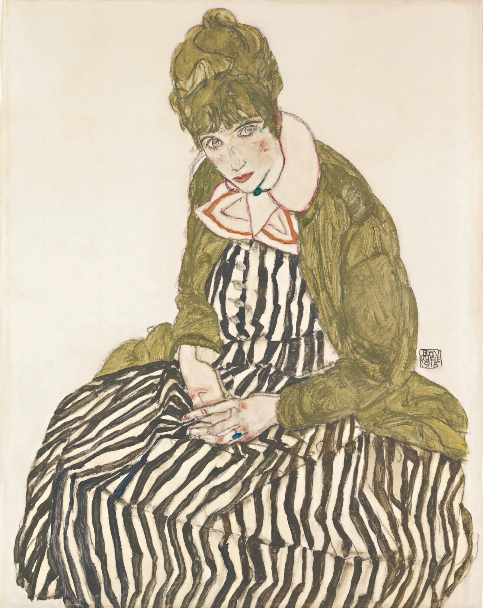 Edith With Striped Dress Sitting Wall Art by Egon Schiele - Canvas Print