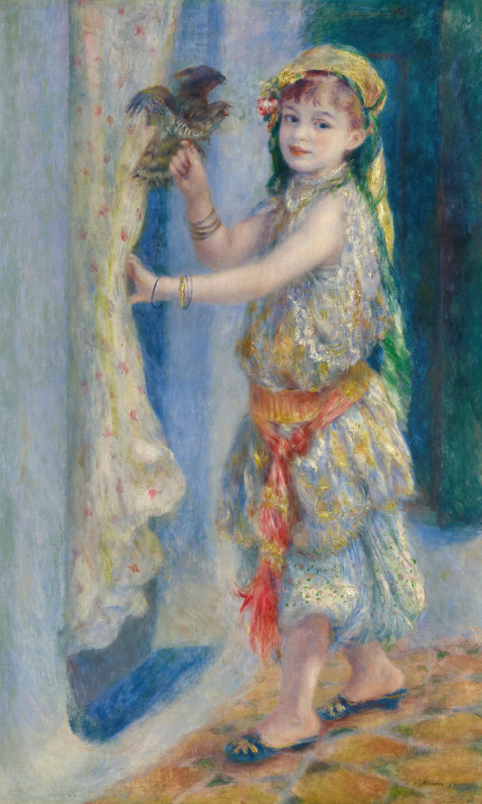 Child With A Bird Mademoiselle Fleury In Algerian Costume Wall Art by Pierre-Auguste Renoir - Canvas Print