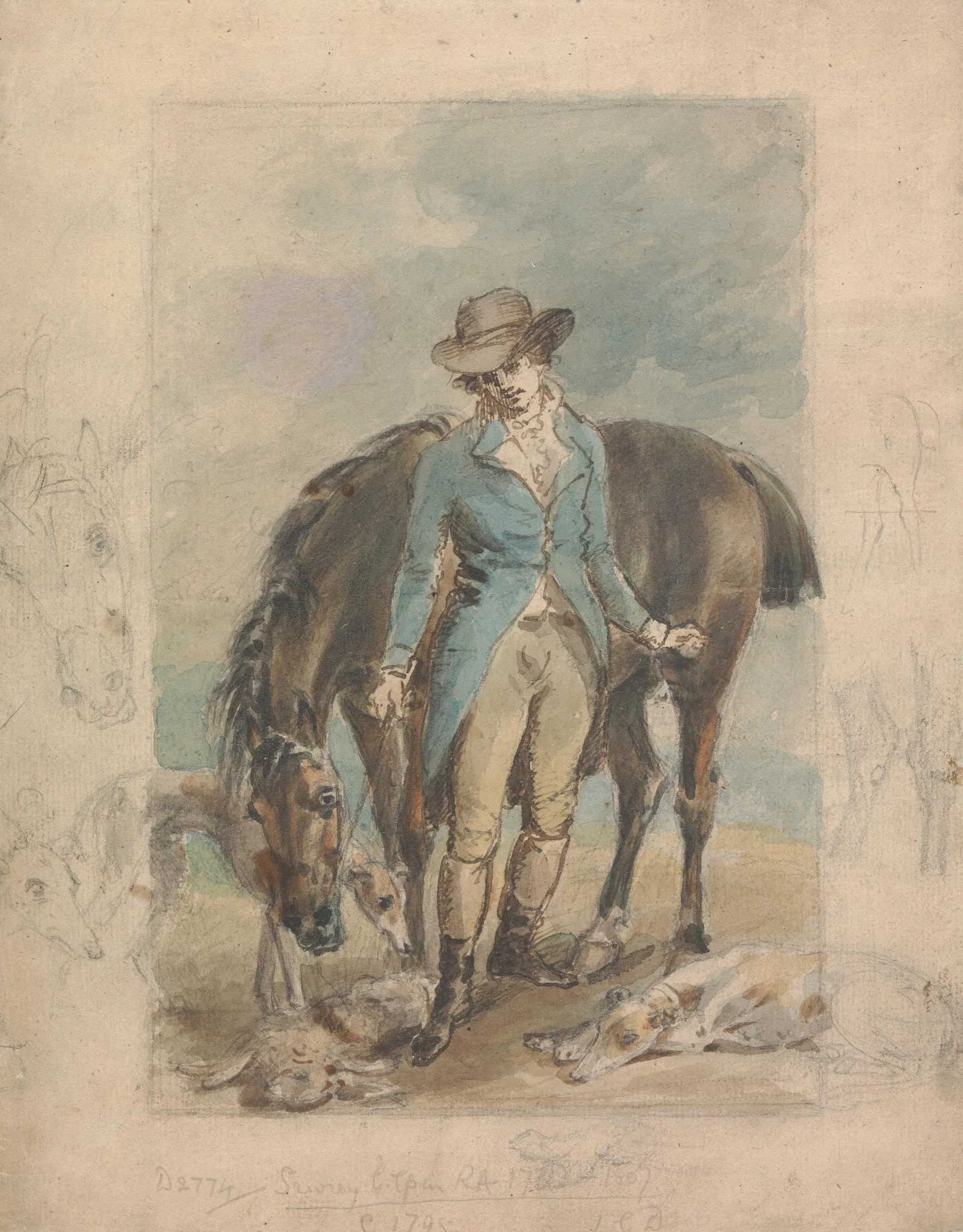 A Young Man With A Horse With Studies Of Hounds And Dead Hare Wall Art by John Hoppner - Canvas Print