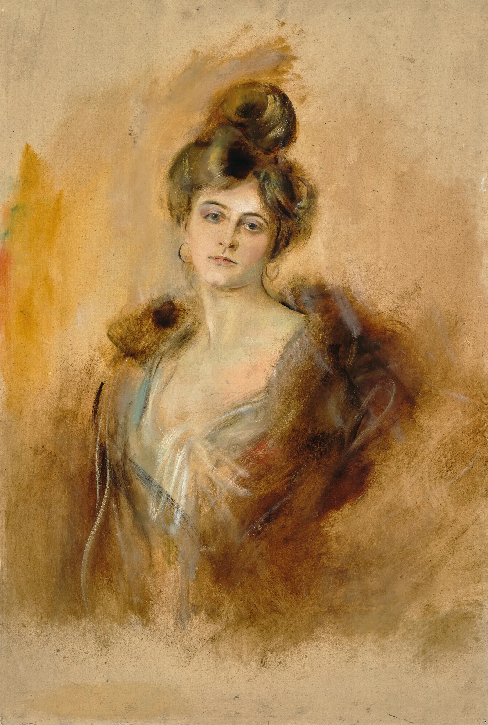 Portrait Of A Lady With Creole Earrings And A Fur Collar Wall Art by Franz von Lenbach - Canvas Print