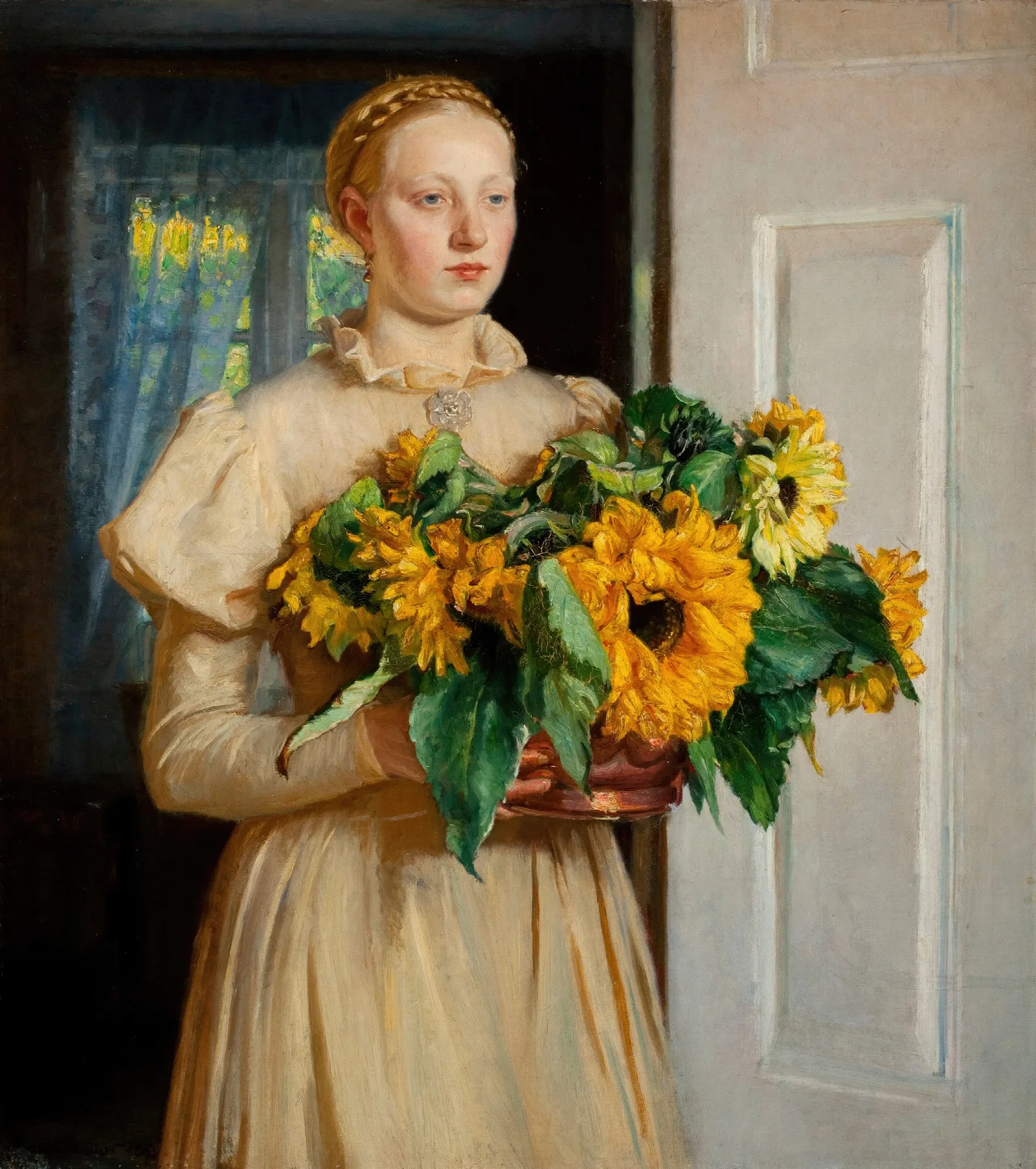 Girl With Sunflowers 1893 Wall Art by Michael Ancher - Canvas Print