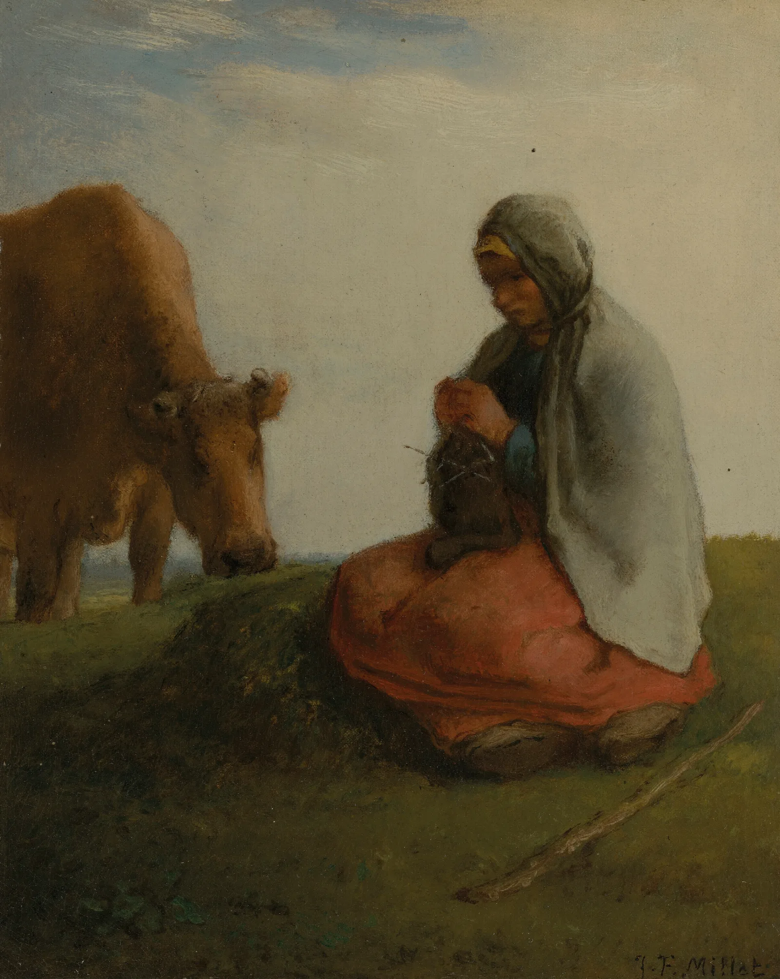 A Shepherdess Knitting Wall Art by Jean-François Millet - Canvas Print
