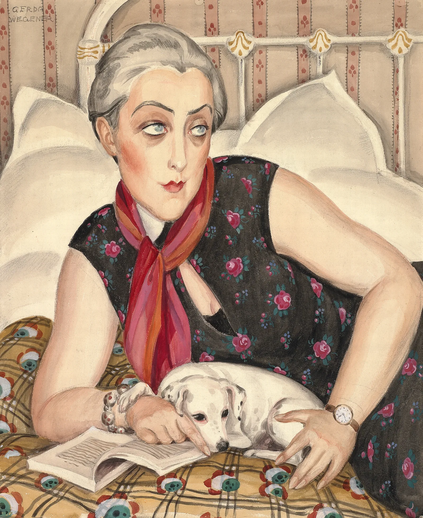 Portrait Of A Woman Reading With A Dog Wall Art by Gerda Wegener - Canvas Print