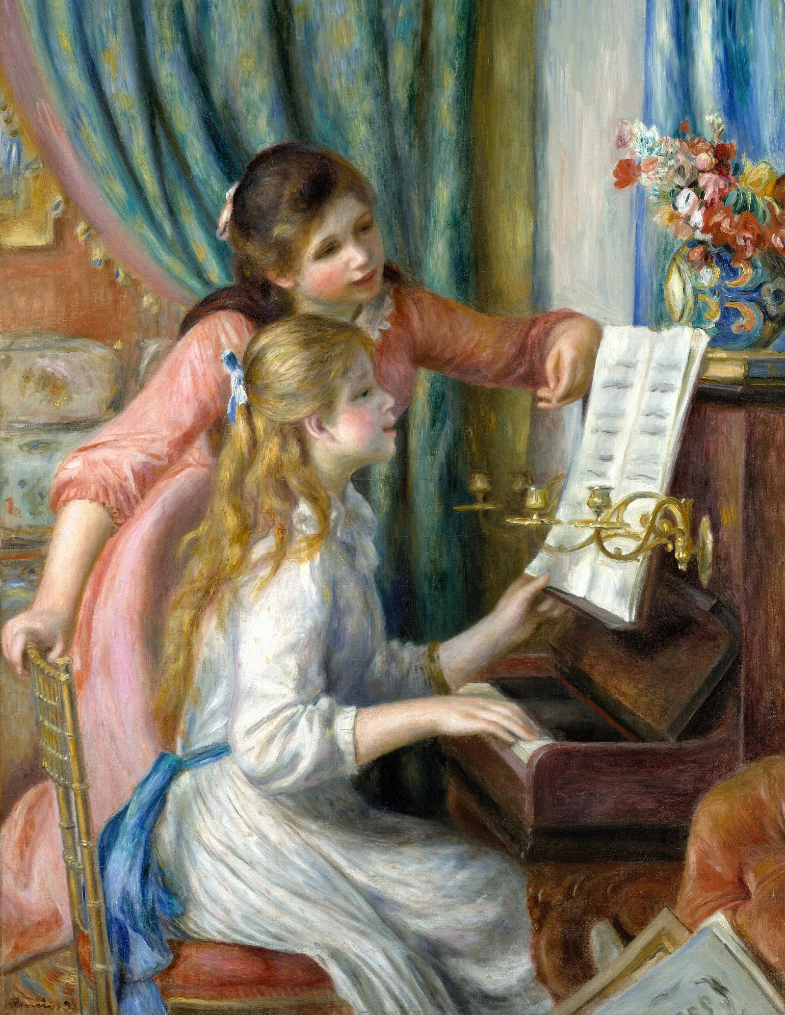 Two Young Girls At The Piano Wall Art by Pierre-Auguste Renoir - Canvas Print