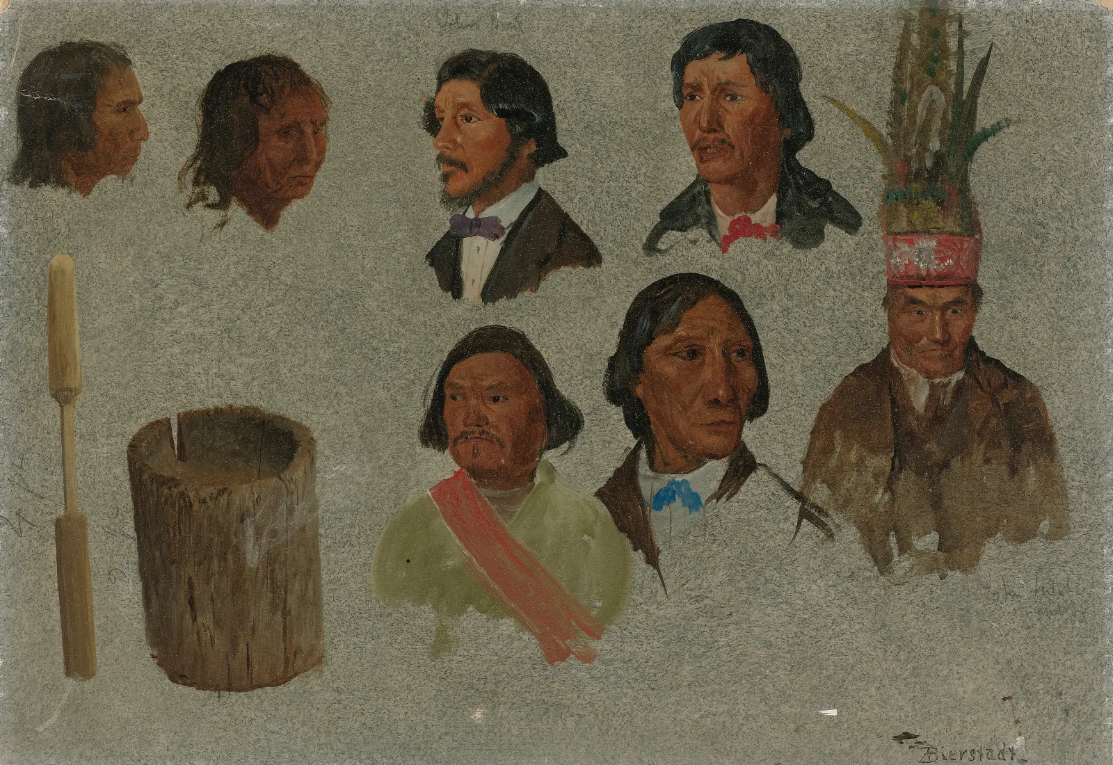 Seven Indian Portraits And One Primitive Utensil Wall Art by Albert Bierstadt - Canvas Print