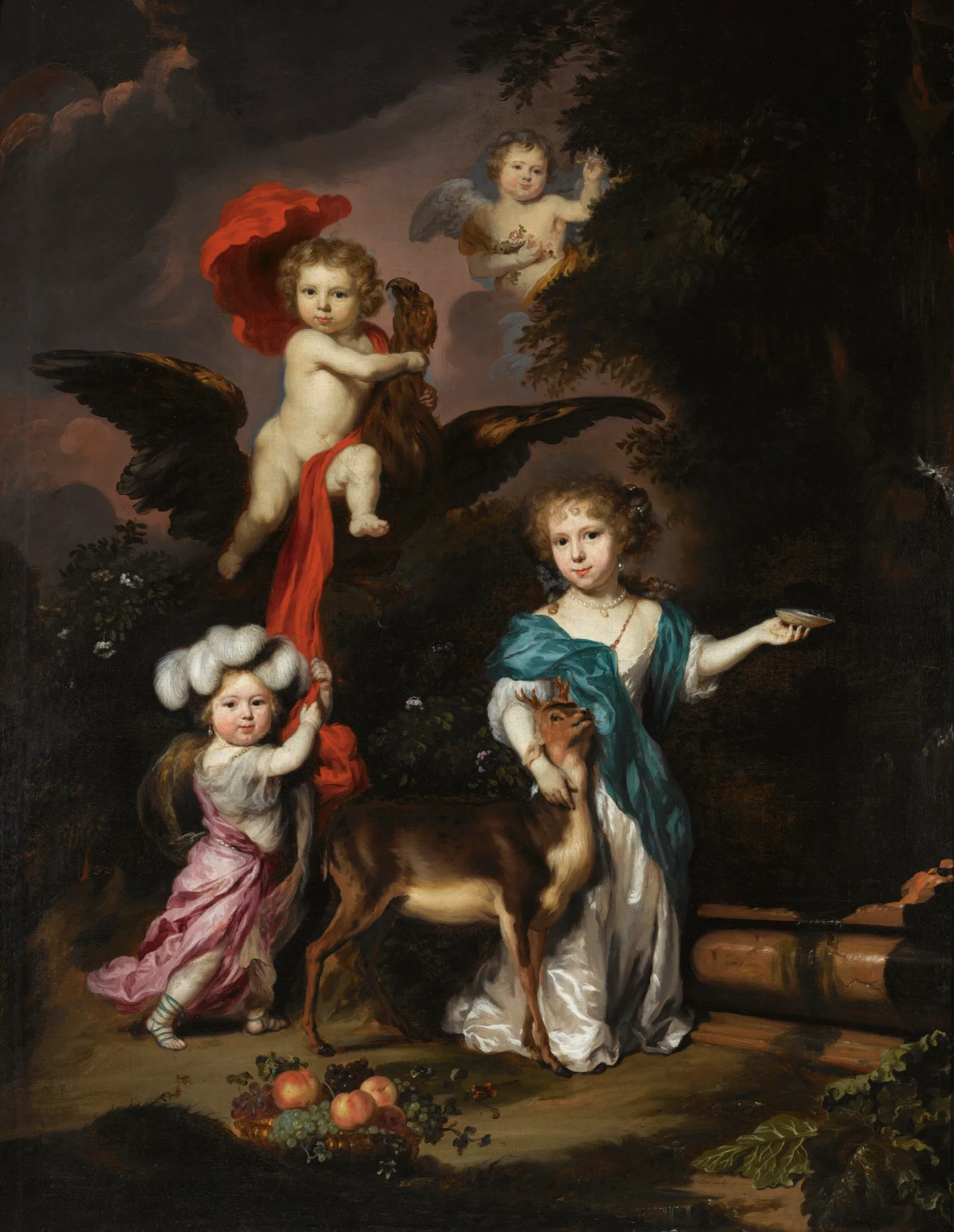 Pastoral Family Portrait Of Four Children Personifying Mythological Figures Including Ganymede And Diana With A Deer Wall Art by Nicolaes Maes - Canvas Print