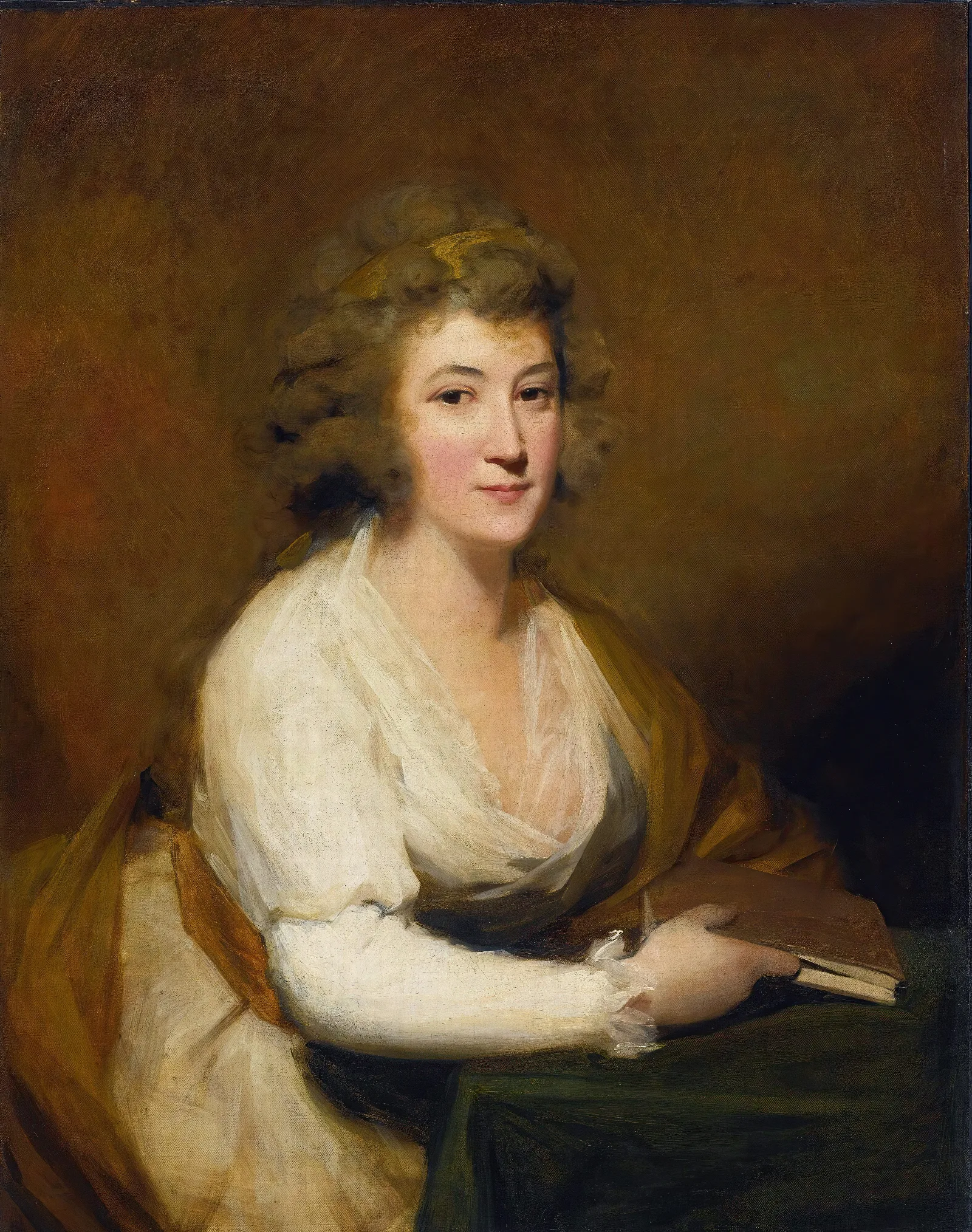 Portrait Of Lady Nasmyth In A White Dress And Brown Shawl Seated At A Table Holding A Book Wall Art by Sir Henry Raeburn - Canvas Print