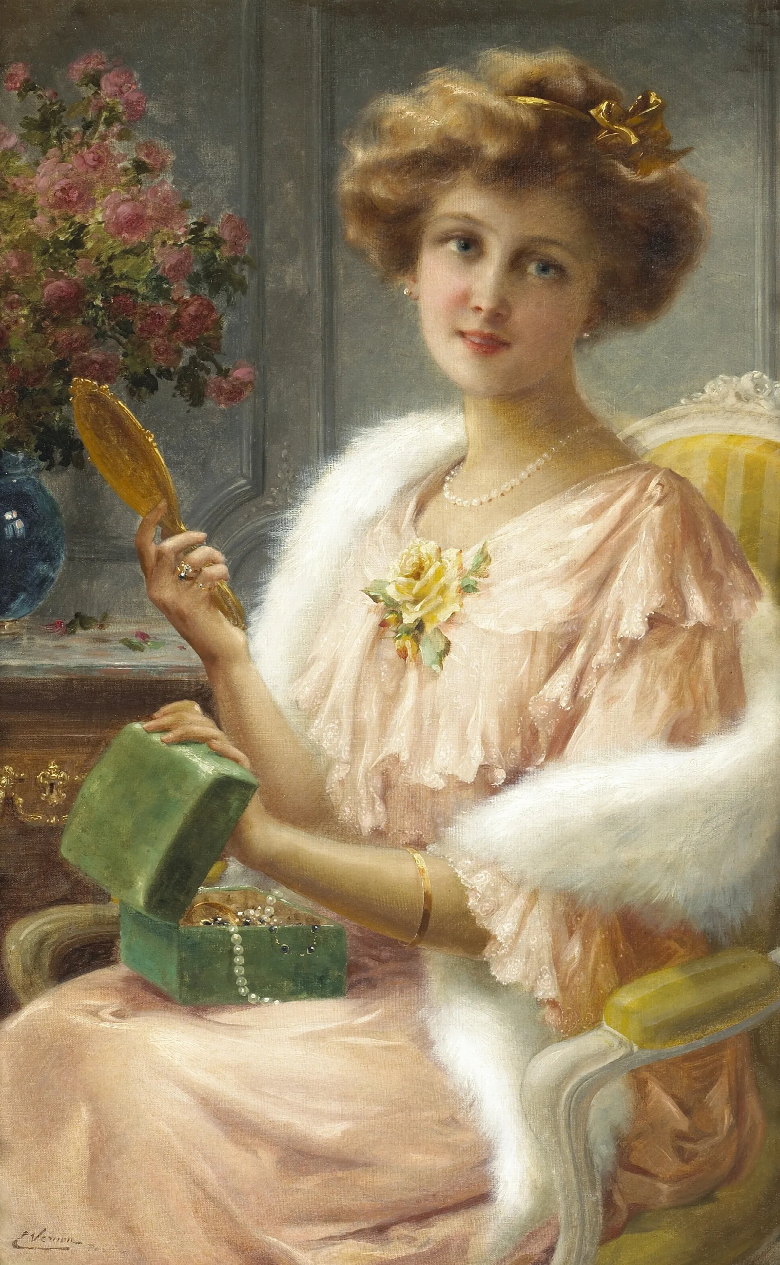 A Young Lady With A Mirror Wall Art by Emile Vernon - Canvas Print