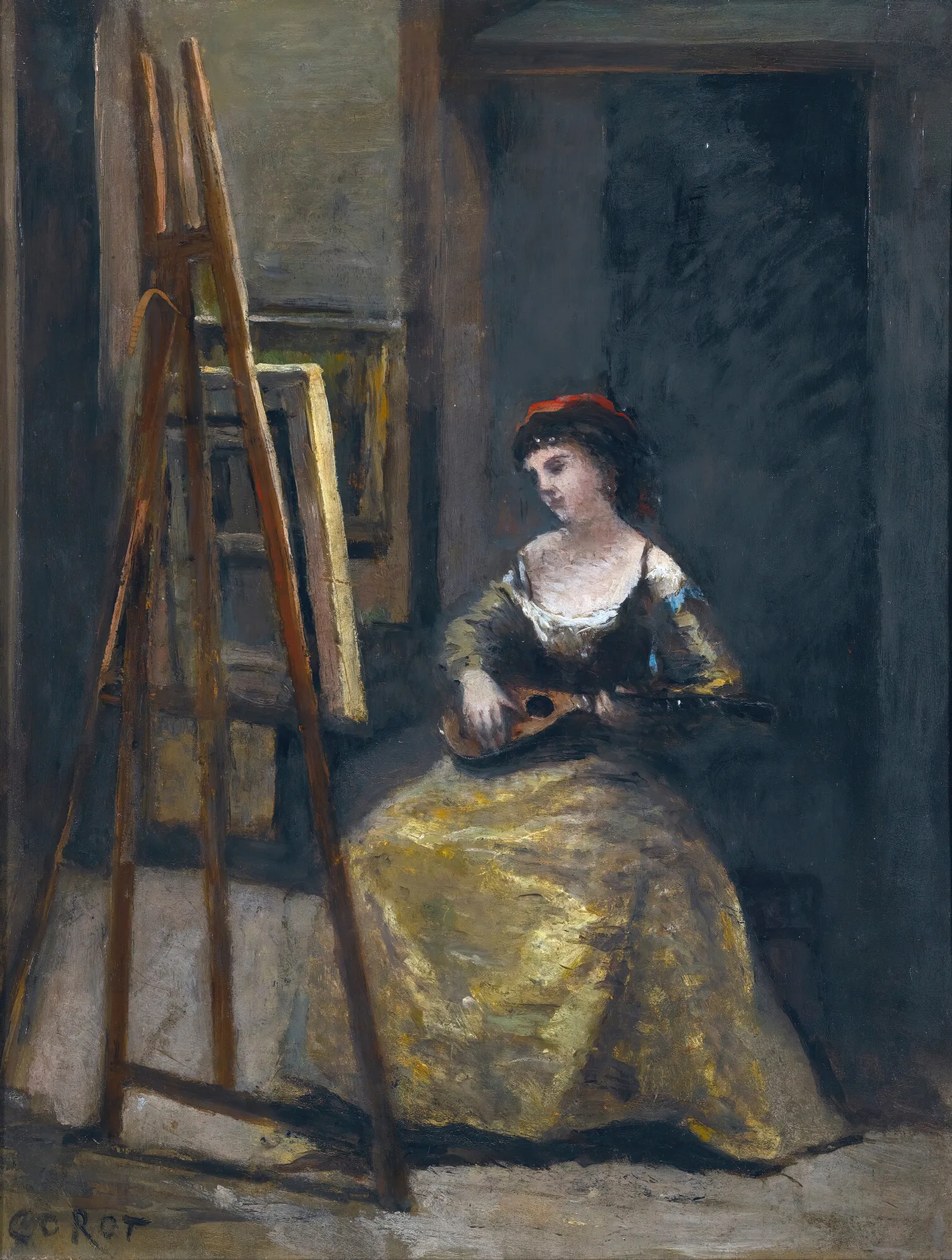 Jeune Femme Jouant De La Mandoline Wall Art by Jean-Baptiste-Camille Corot - Canvas Print