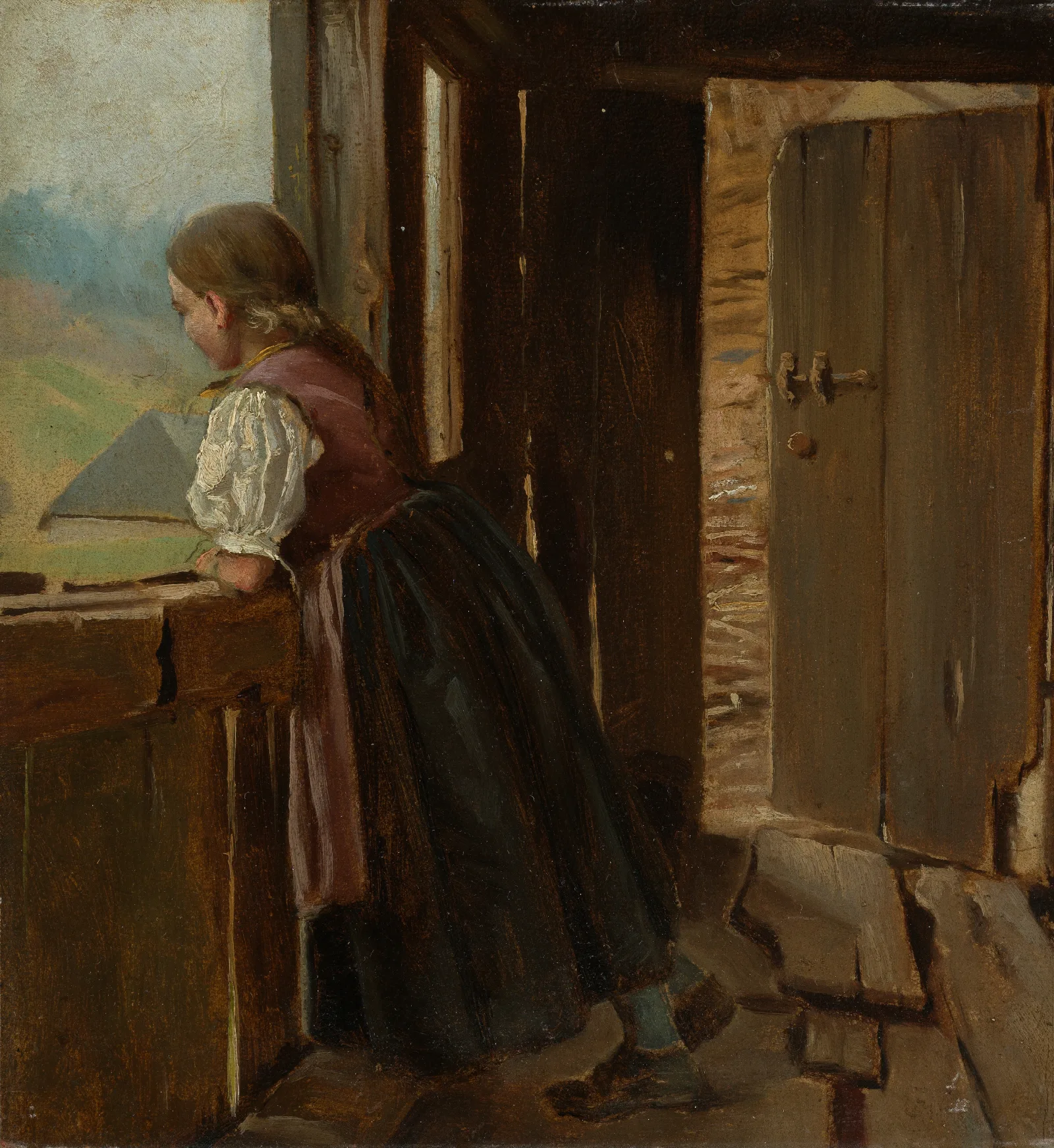 Madchen Auf Der Laube Eines Bauernhauses Wall Art by Hans Thoma - Canvas Print