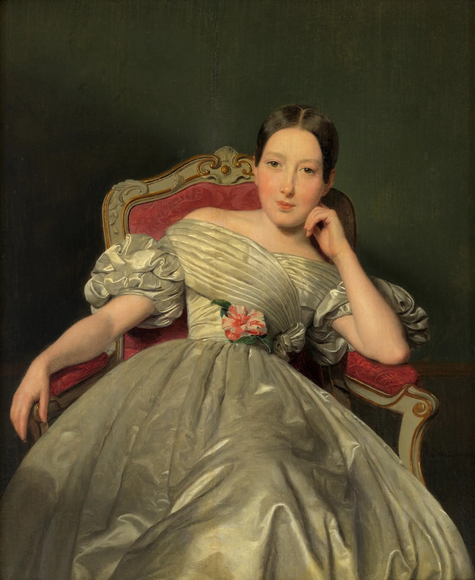 Sitzendes Madchen In Weisem Atlaskleid Wall Art by Ferdinand Georg Waldmüller - Canvas Print