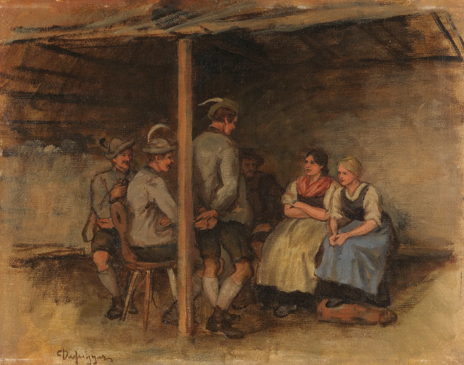Olstudie Mit Vier Burschen Und Zwei Dirndln In Der Stube Wall Art by Franz von Defregger - Canvas Print