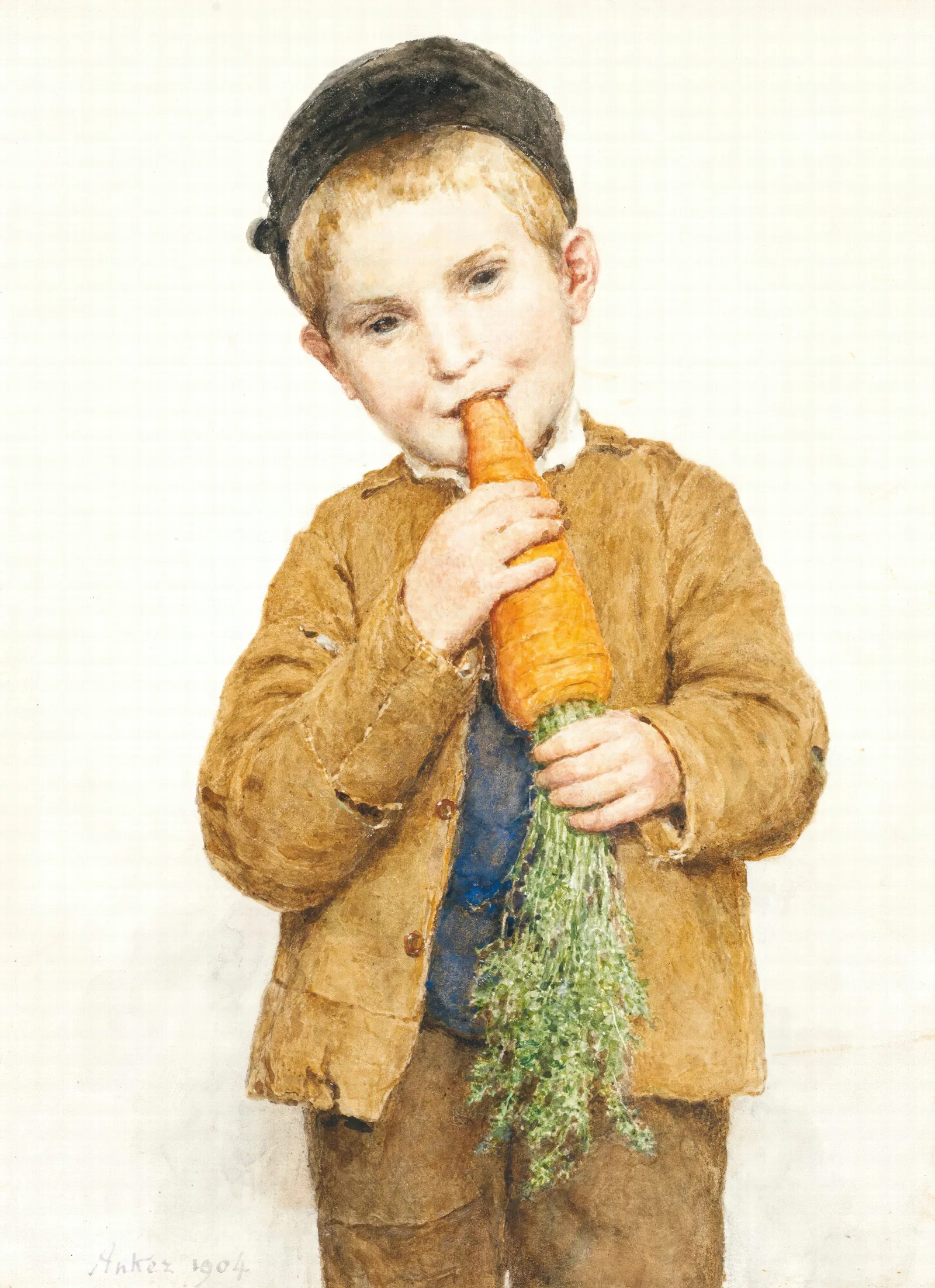 The Little Boy With The Big Carrot Wall Art by Albert Anker - Canvas Print
