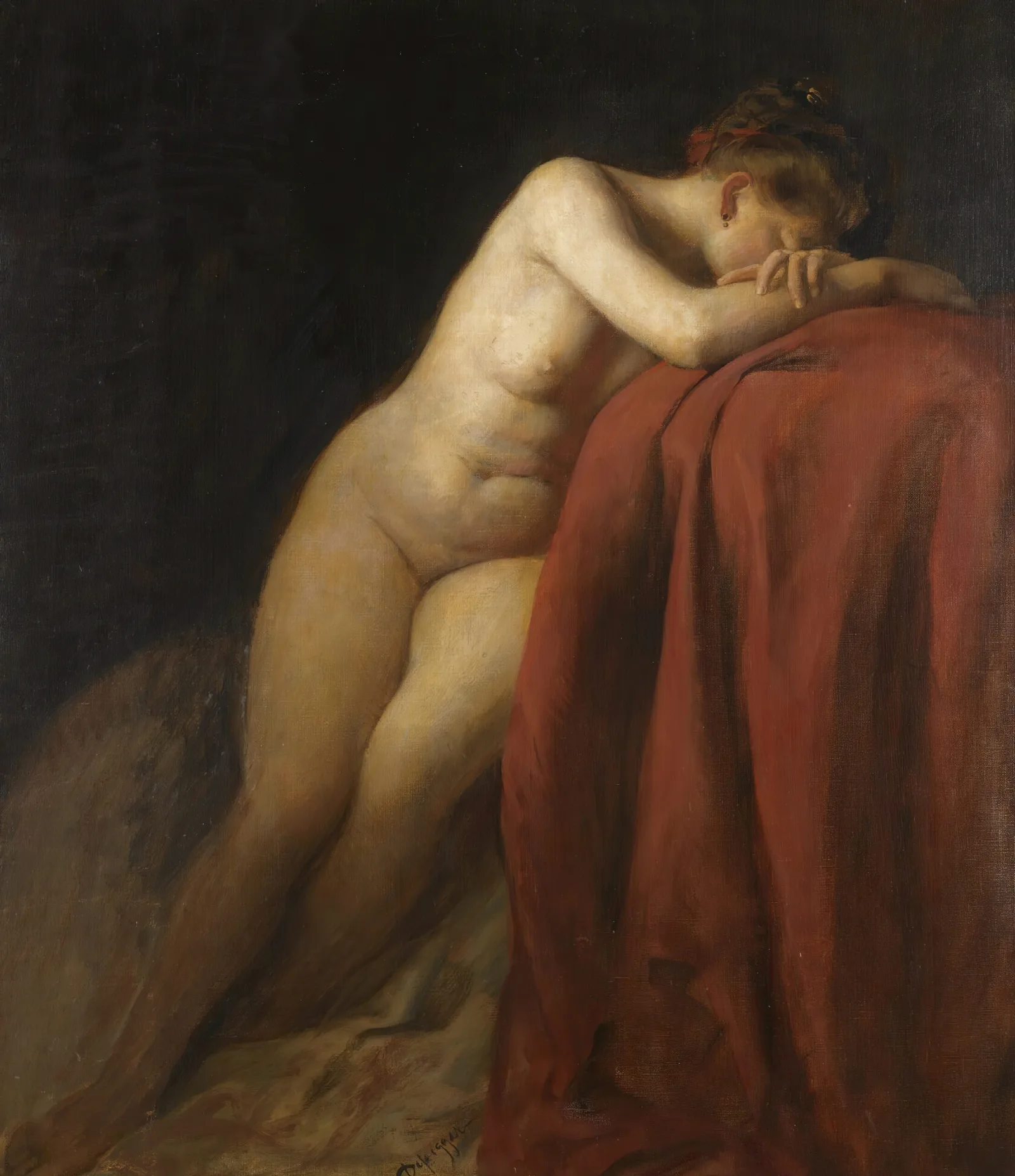 Nude With Red Drape Wall Art by Franz von Defregger - Canvas Print