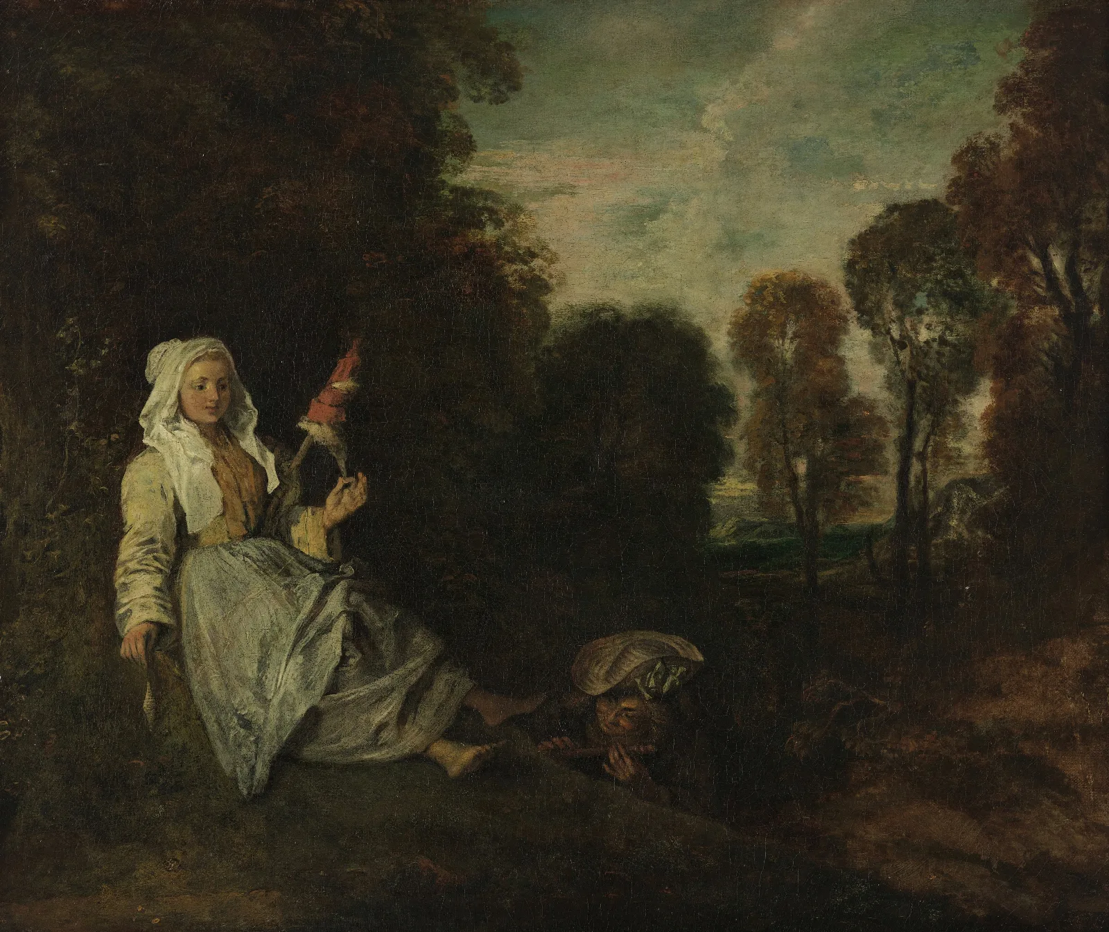 Evening Landscape With Spinner 2 Wall Art by Jean-Antoine Watteau - Canvas Print