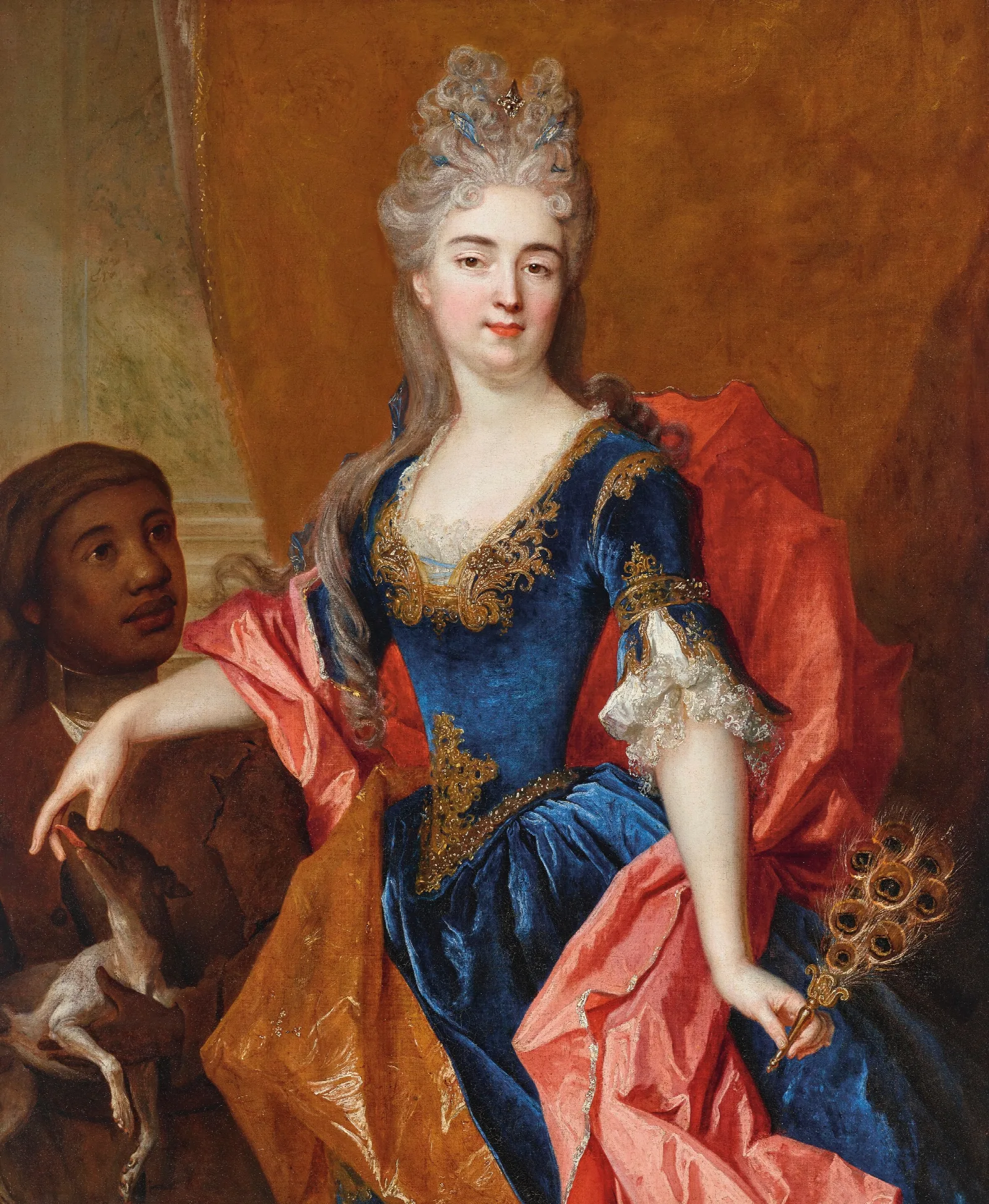 Portrait Of A Lady Holding A Peacock Feather Fan With Her Servant Holding A Dog Wall Art by Nicolas de Largillière - Canvas Print