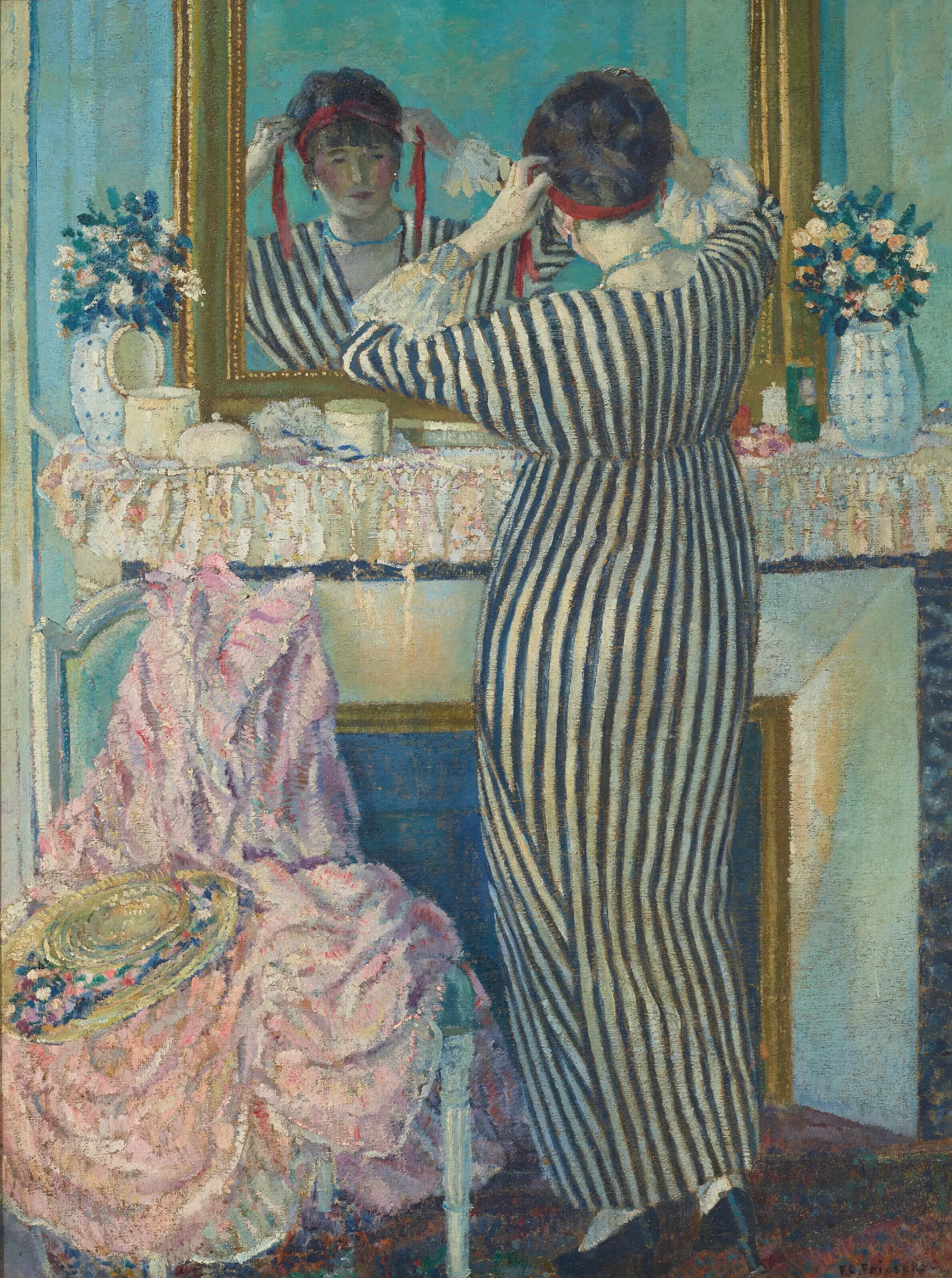 Girl Dressing Her Hair Girl Arranging Her Headdress Wall Art by Frederick Carl Frieseke - Canvas Print