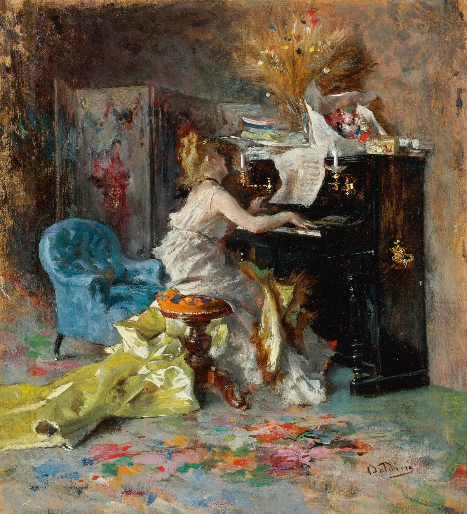 Signora Al Pianoforte Woman At A Piano Wall Art by Giovanni Boldini - Canvas Print