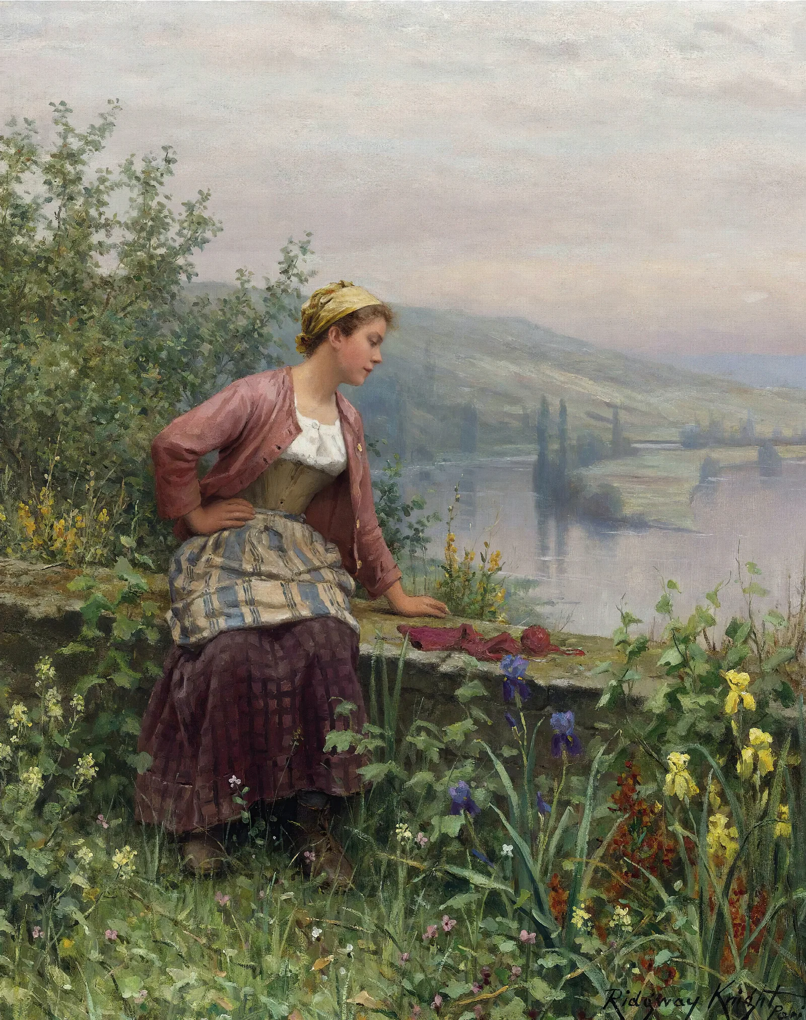 Brittany Girl Overlooking A Stream Wall Art by Daniel Ridgway Knight - Canvas Print