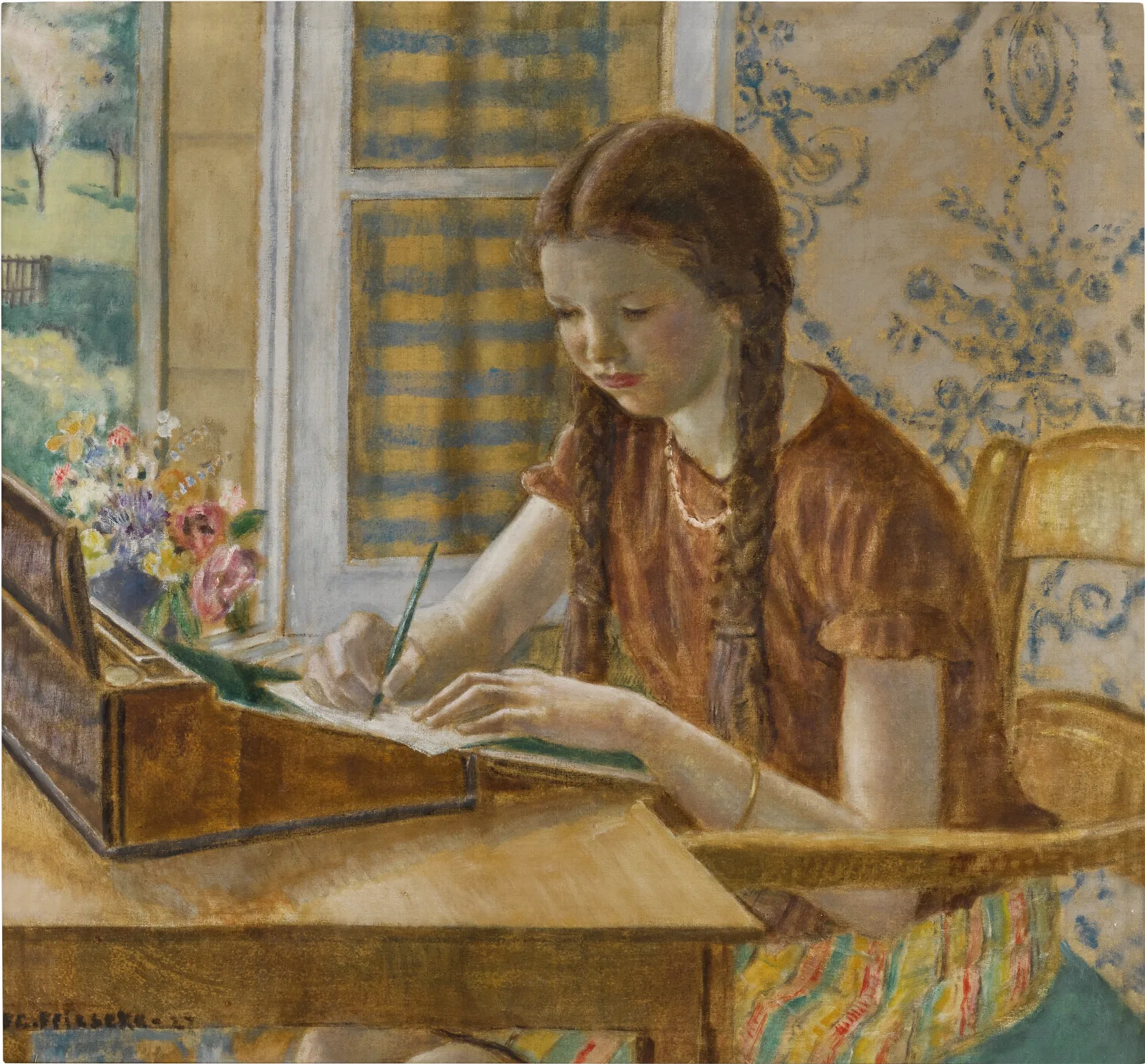 Girl At Writing Desk Wall Art by Frederick Carl Frieseke - Canvas Print