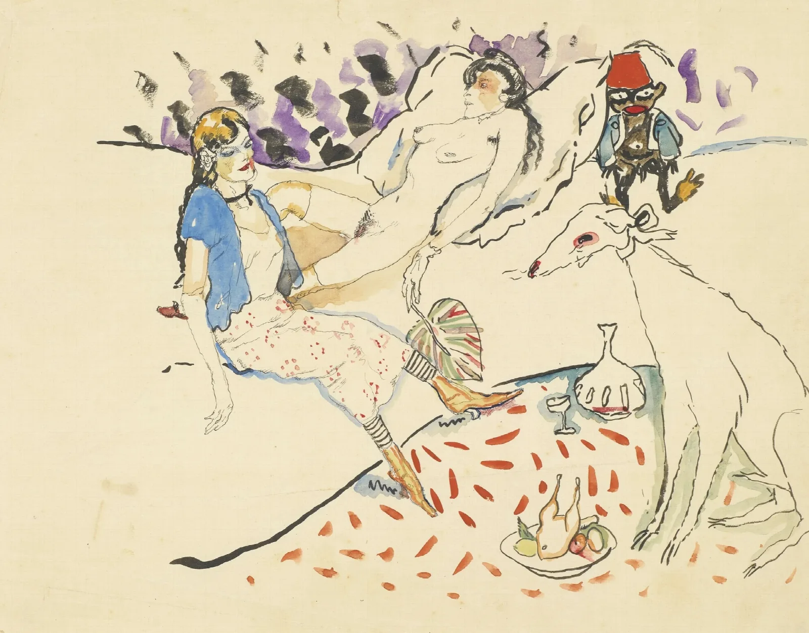 Femme Avec Son Chien Et Nu Wall Art by Jules Pascin - Canvas Print