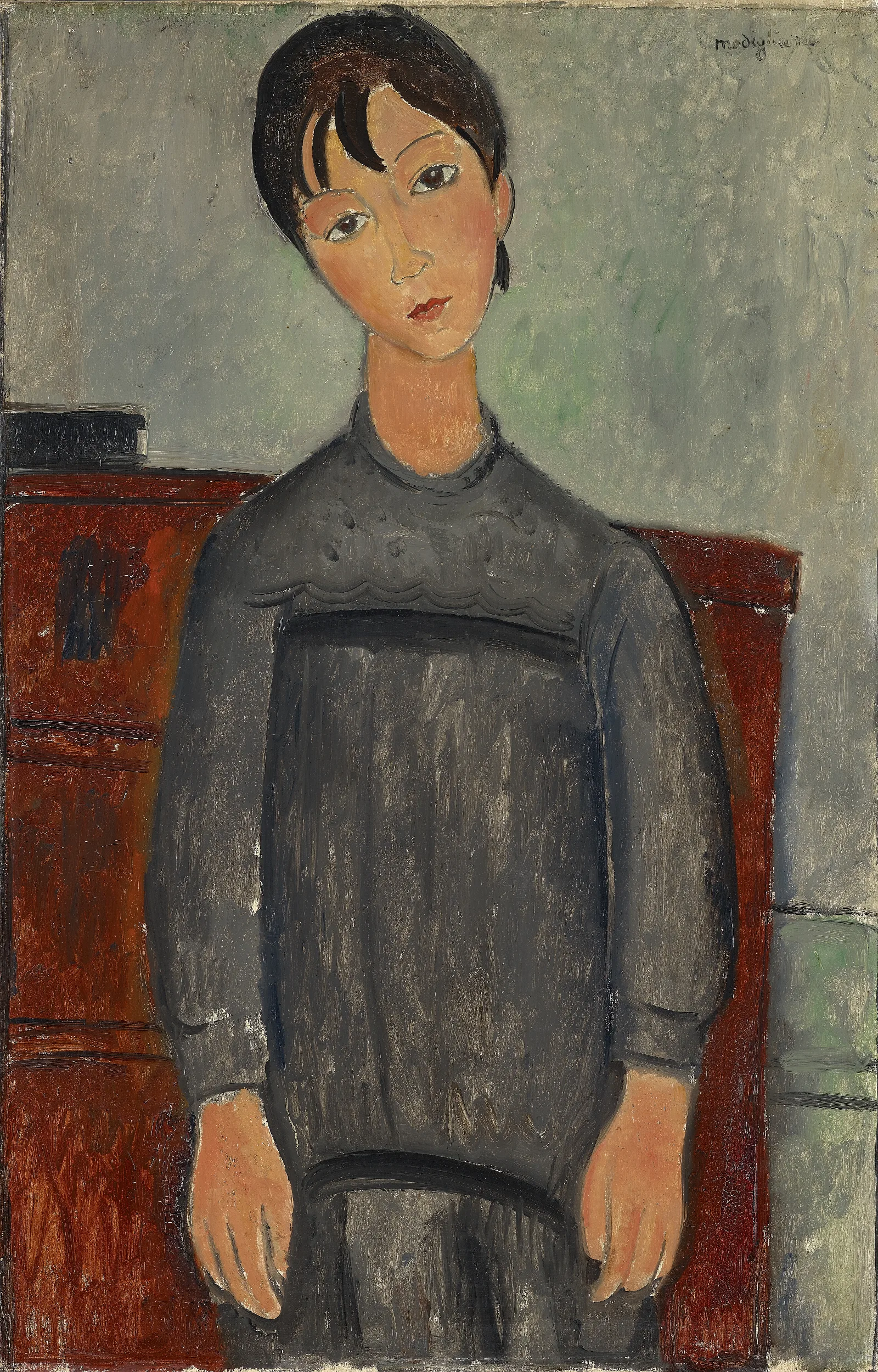 Girl Standing In Black Pinafore Wall Art by Amedeo Modigliani - Canvas Print