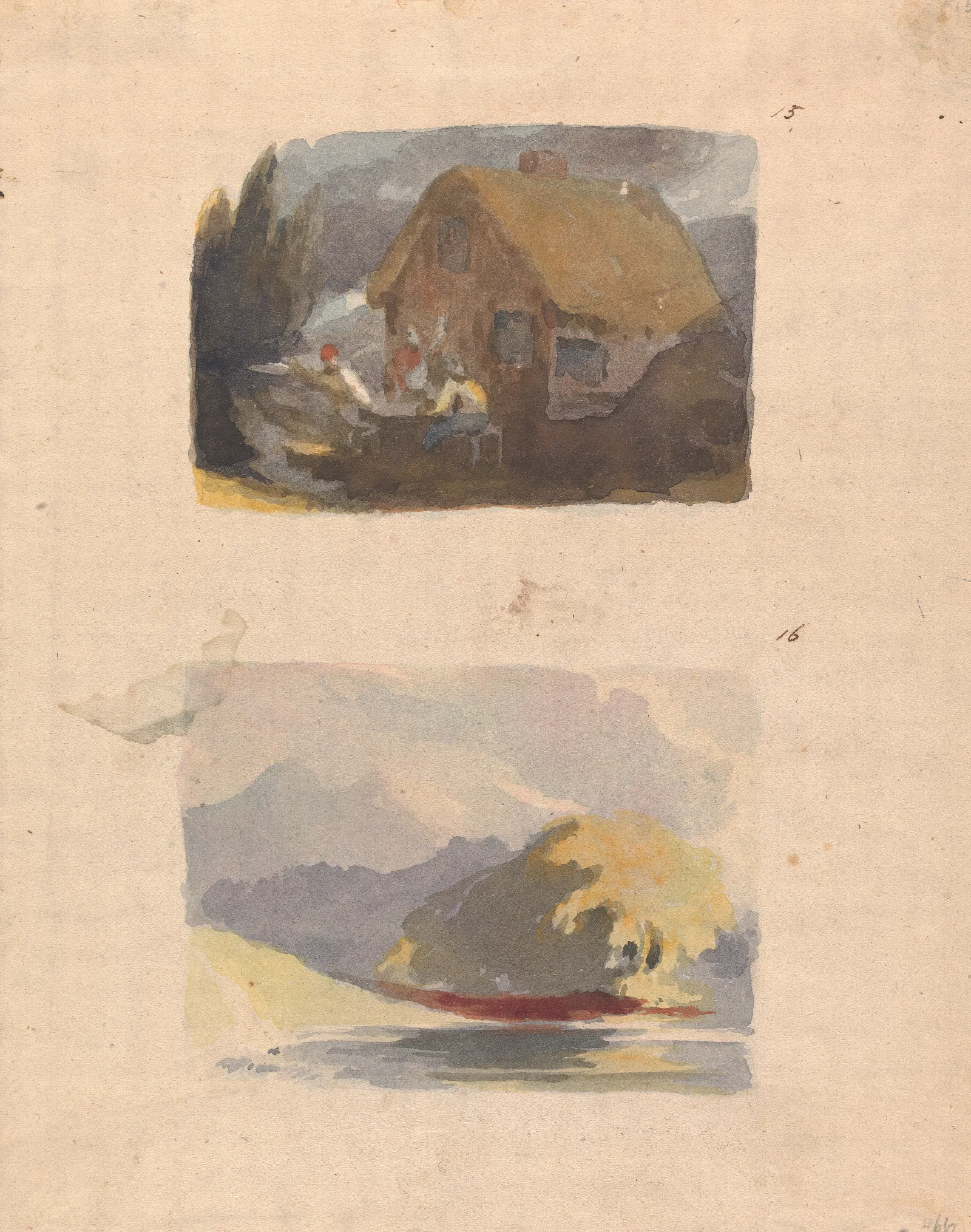 Cottage With Figures In Front No 15 Landscape With River And Mountains Sunshine No 16 Wall Art by Thomas Sully - Canvas Print