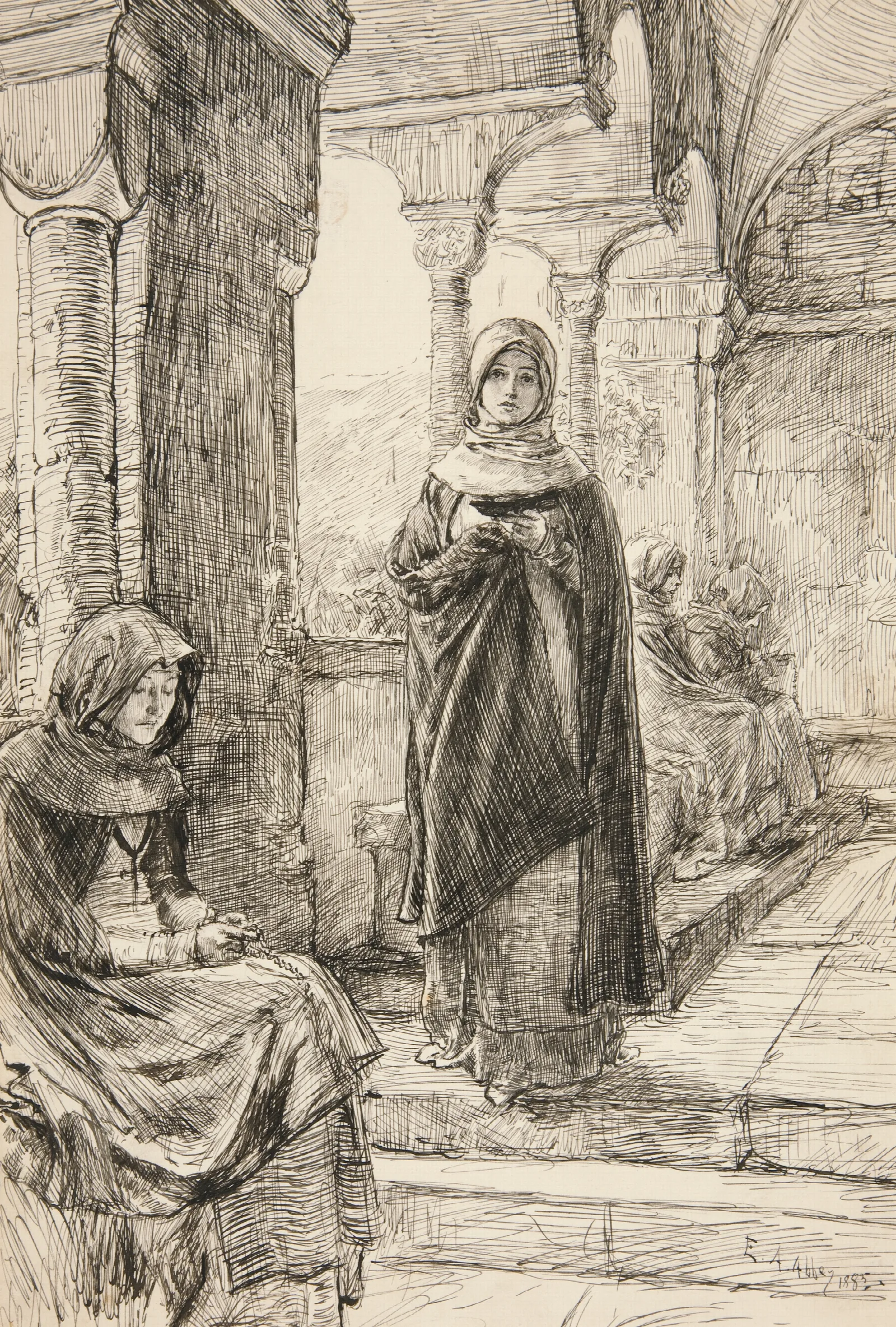 Two Female Figure In Cloister From The Cloister Wall Art by Edwin Austin Abbey - Canvas Print