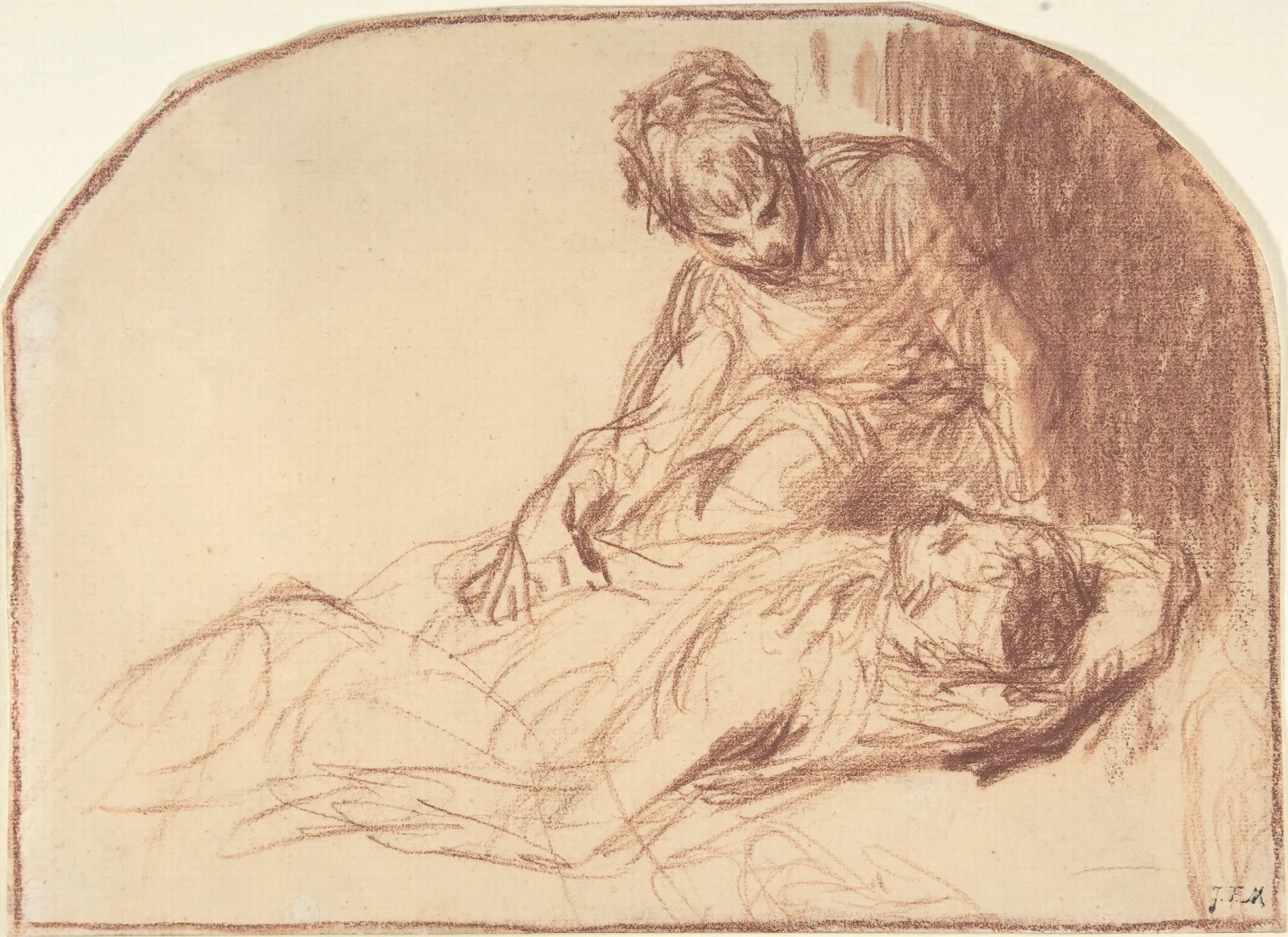 A Young Man Seated Bent Over A Reclining Figure Wall Art by Jean-François Millet - Canvas Print