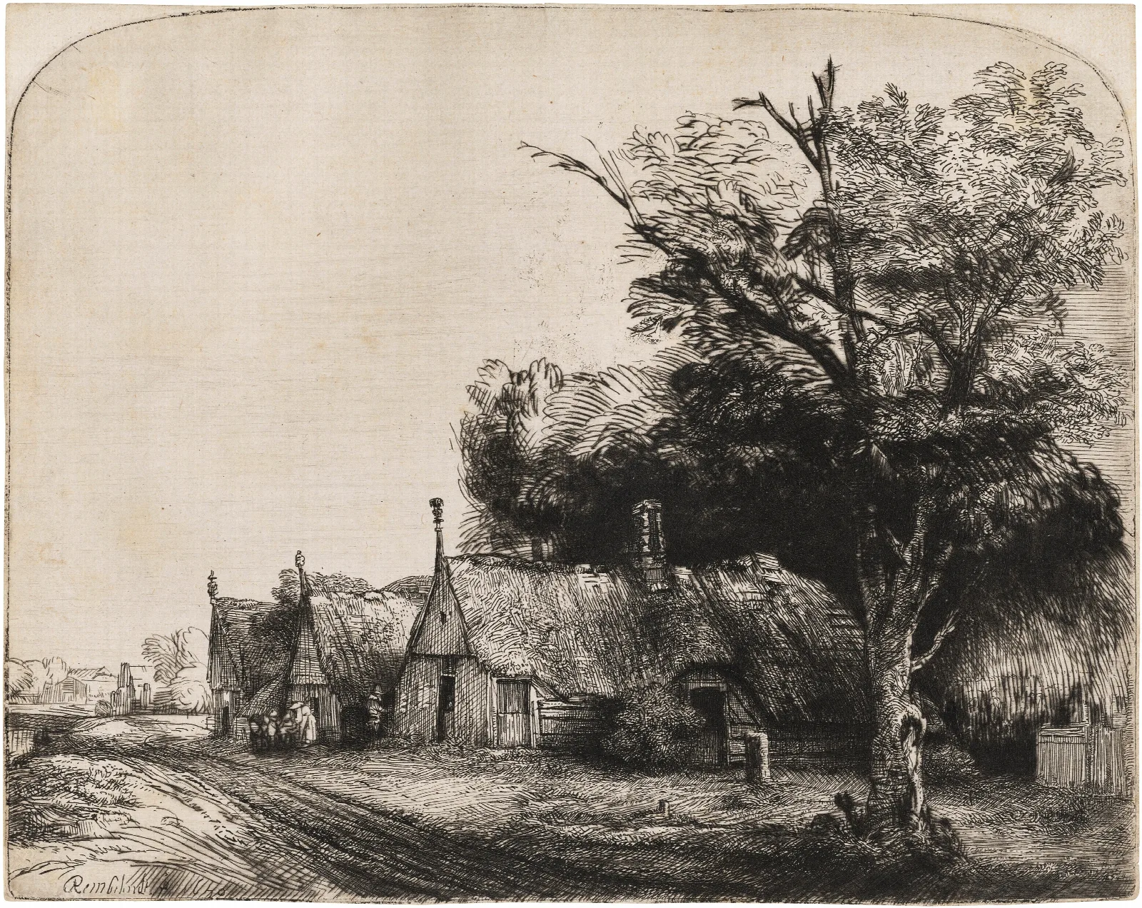 Landscape With Three Gabled Cottages Beside A Road Wall Art by Rembrandt van Rijn - Canvas Print
