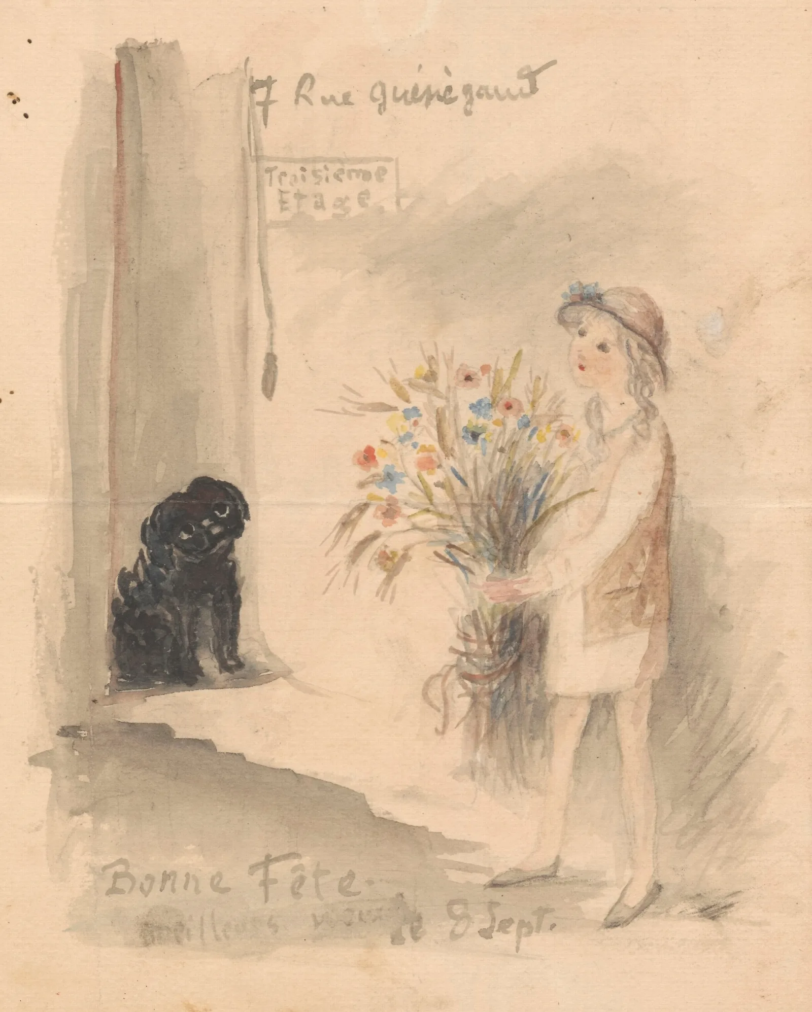 A Little Girl With A Bunch Of Flowers And A Dog Wall Art by Tadeusz Makowski - Canvas Print