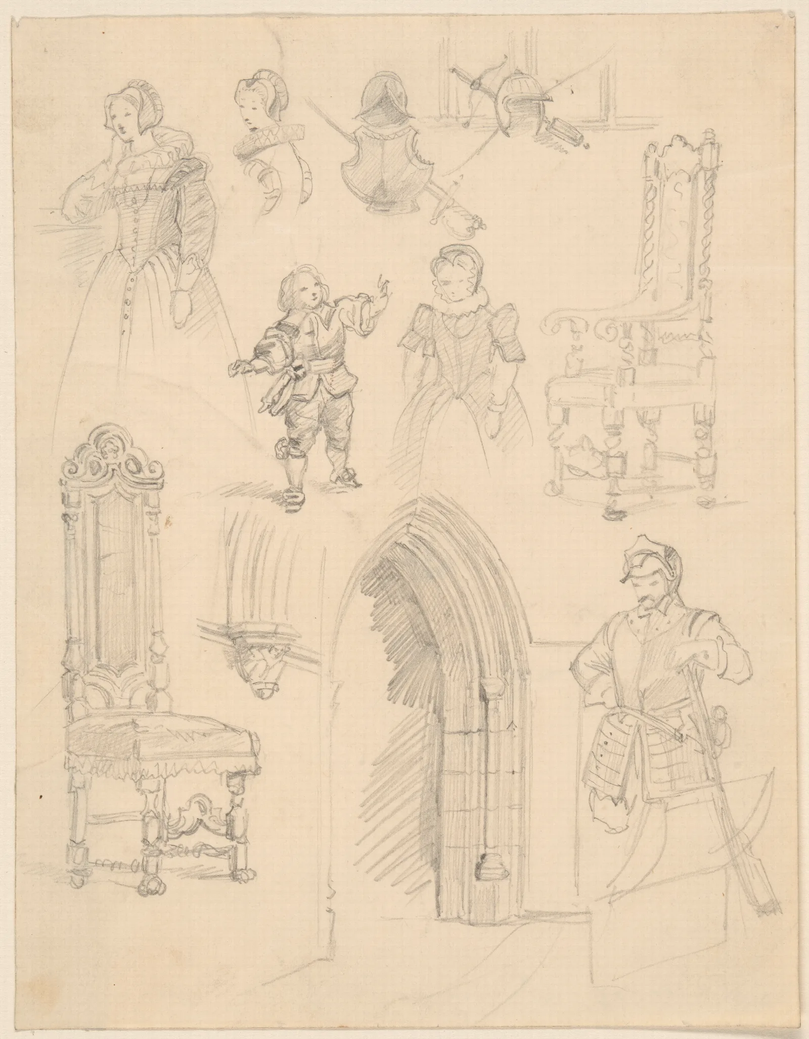 Sketches Of Baroque Costumes And Furniture And Gothic Architectural Details Wall Art by Józef Simmler - Canvas Print