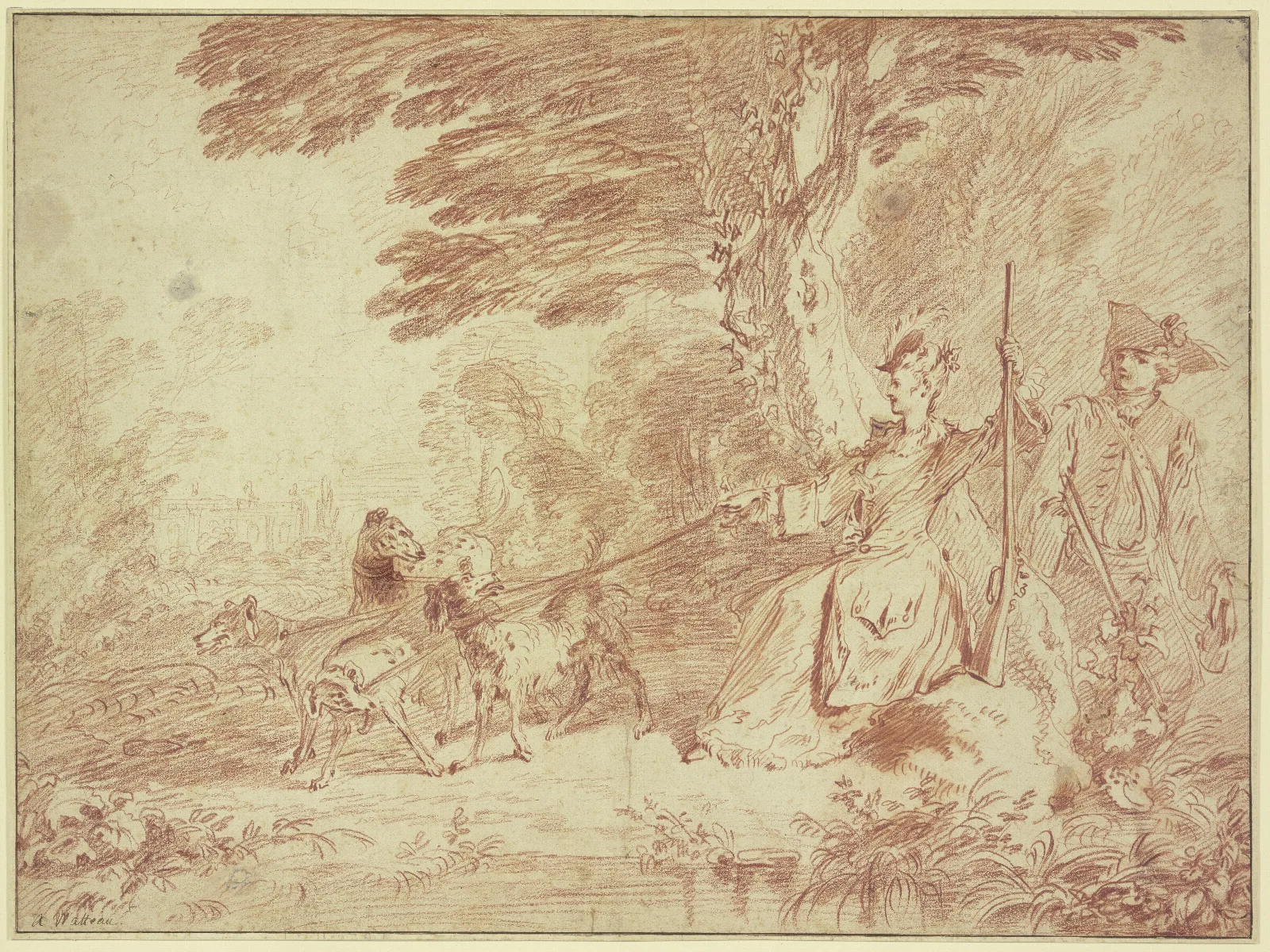 Jagdpartie Jagerin Und Jager Mit Vier Hunden In Einer Landschaft Wall Art by Jean-Antoine Watteau - Canvas Print