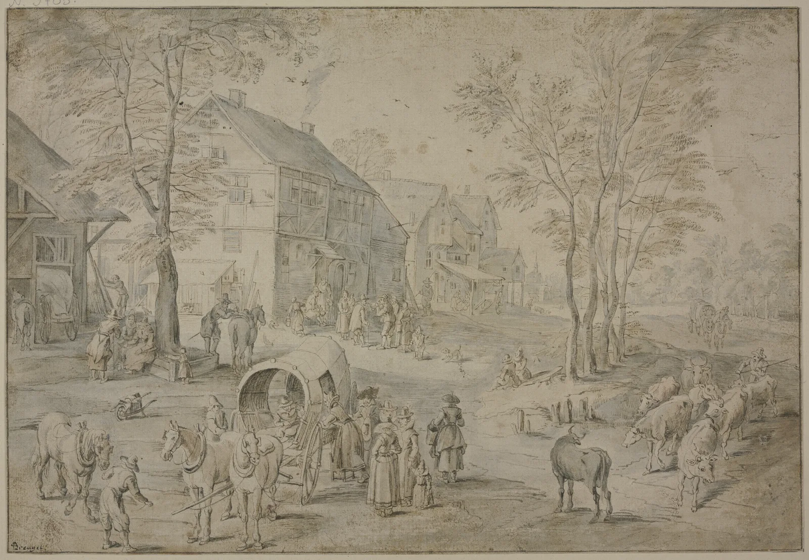 Strase In Einem Dorf Mit Vielen Figuren Wall Art by Jan Brueghel The Elder - Canvas Print