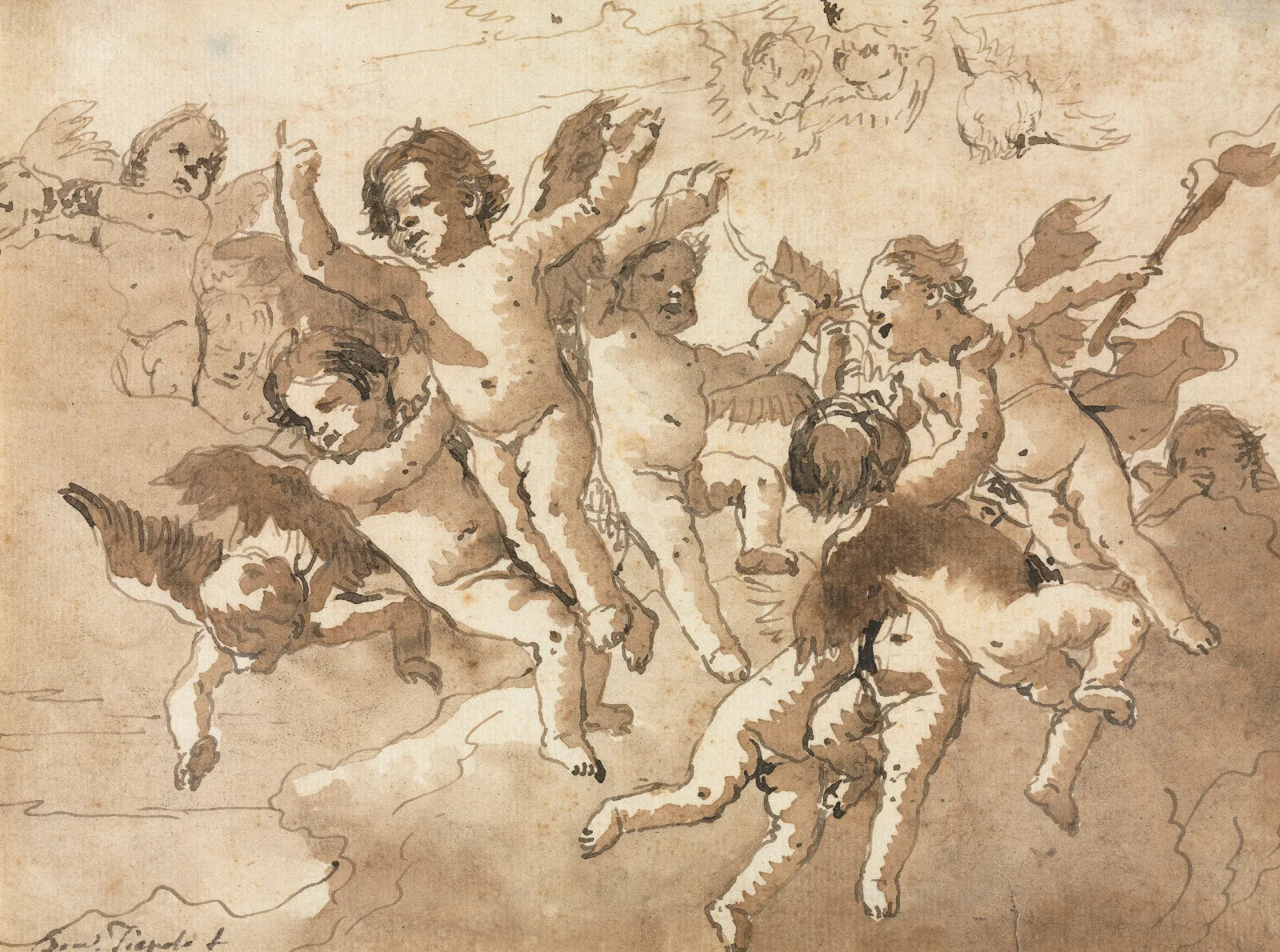 Cupid In The Clouds With Attendant Cherubs Wall Art by Giovanni Domenico Tiepolo - Canvas Print